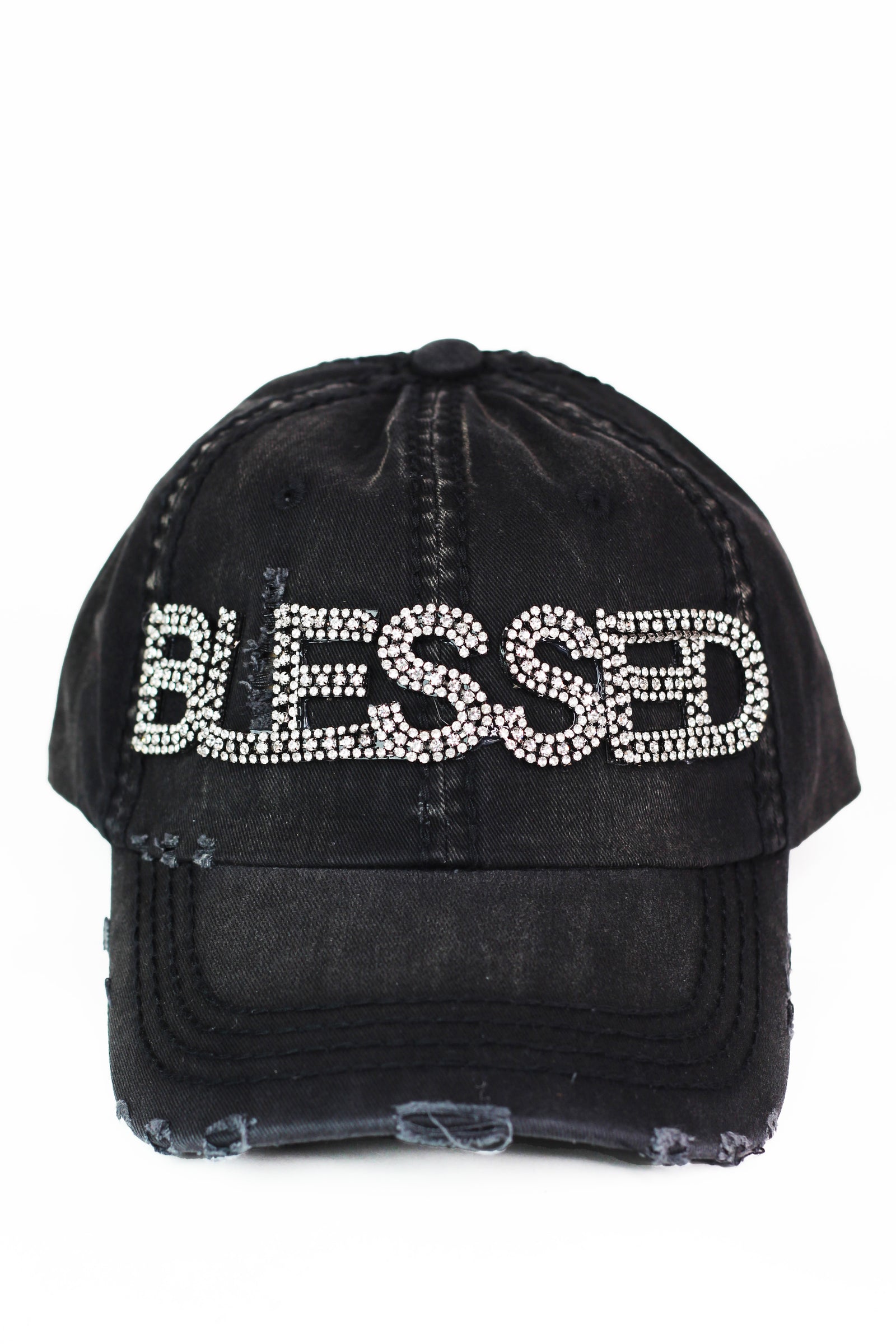 Distressed Rhinestone "BLESSED" Baseball Cap