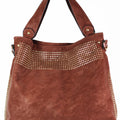 Brushed Faux Leather Handbag w/ Top & Side Stud Accents