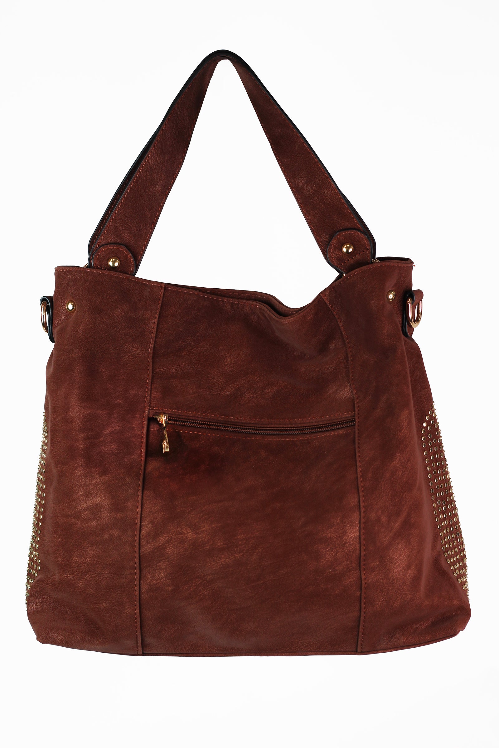 Brushed Faux Leather Handbag w/ Top & Side Stud Accents