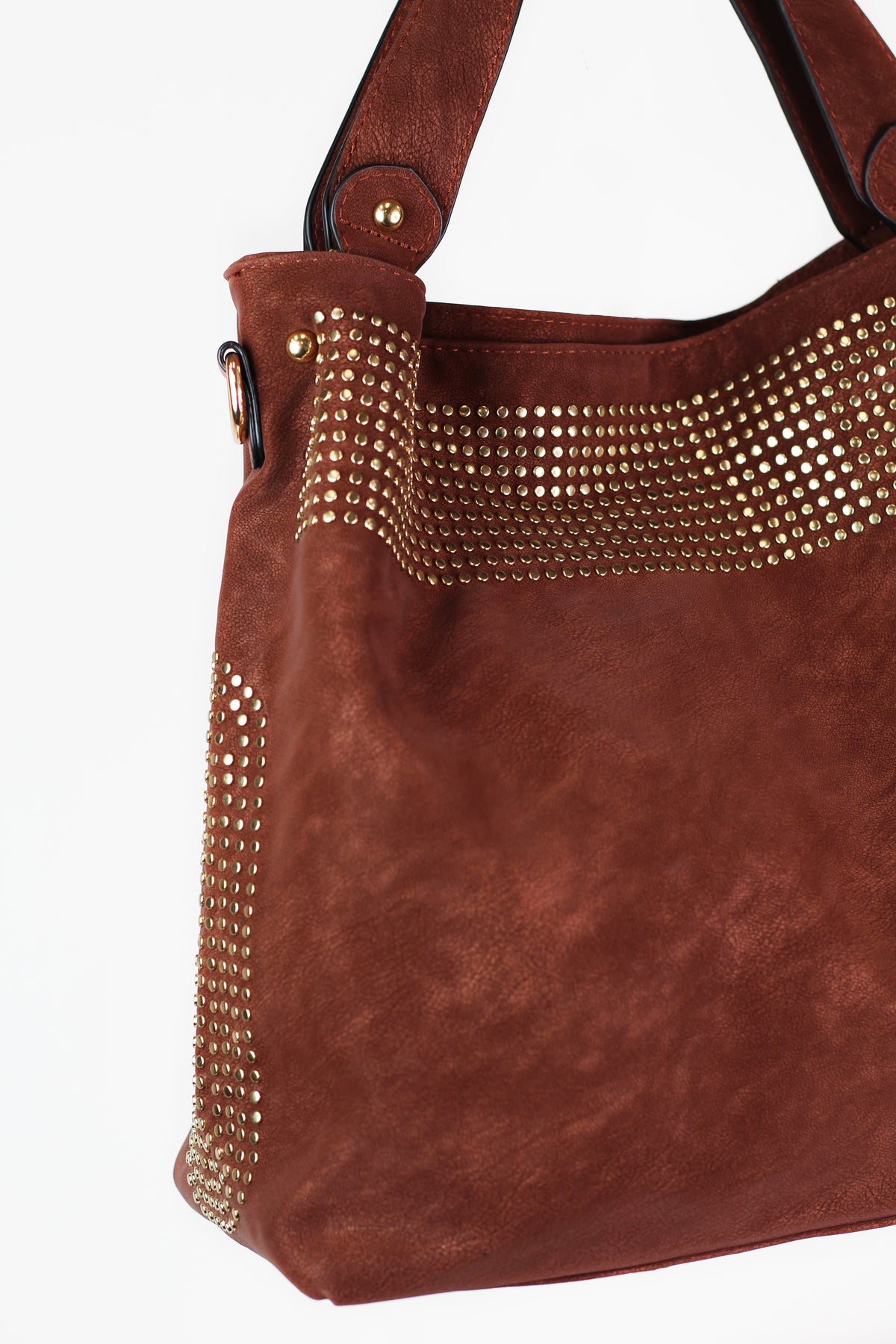 Brushed Faux Leather Handbag w/ Top & Side Stud Accents