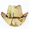 Floral Print Raffia Cowboy Hat w/ Beaded Cord Trim