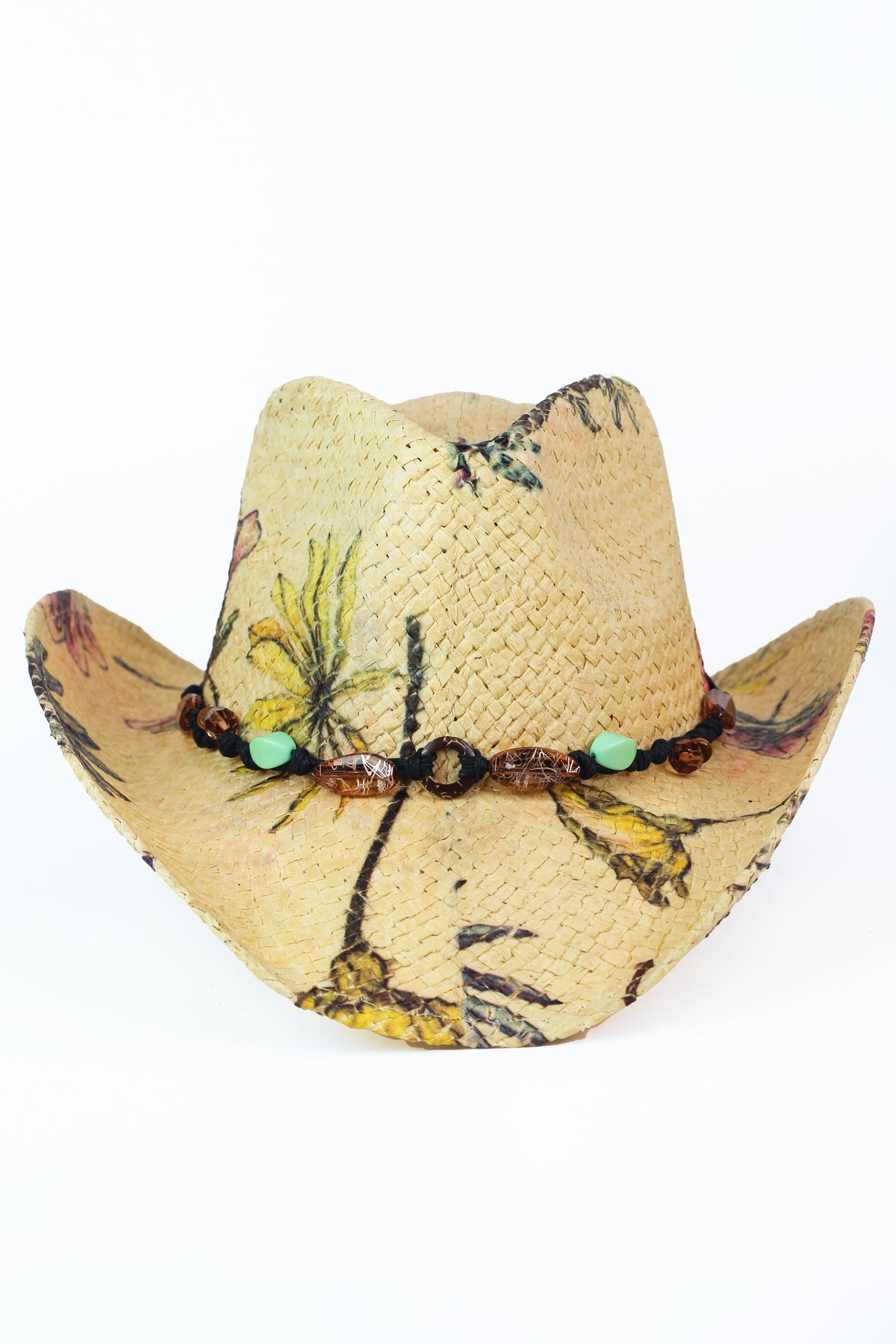 Floral Print Raffia Cowboy Hat w/ Beaded Cord Trim