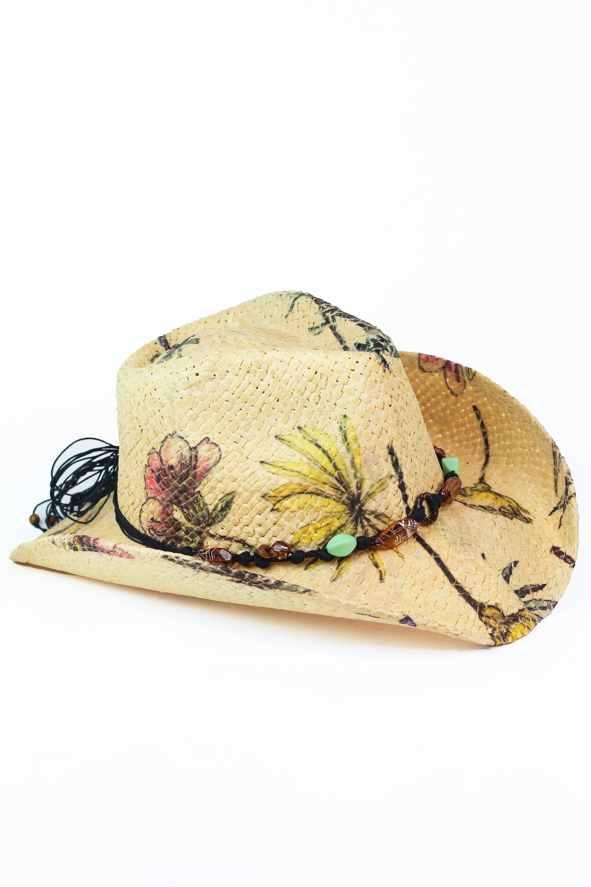Floral Print Raffia Cowboy Hat w/ Beaded Cord Trim