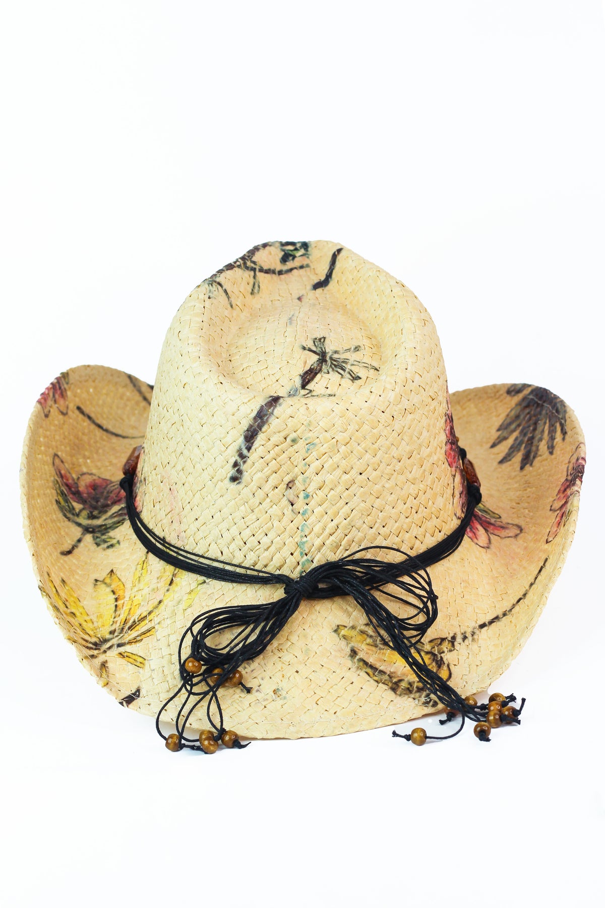 Floral Print Raffia Cowboy Hat w/ Beaded Cord Trim