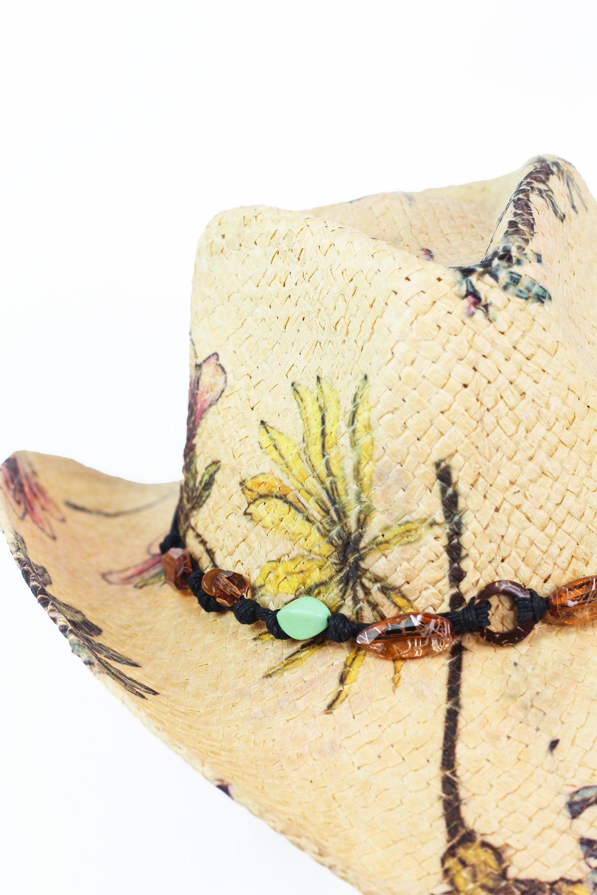 Floral Print Raffia Cowboy Hat w/ Beaded Cord Trim
