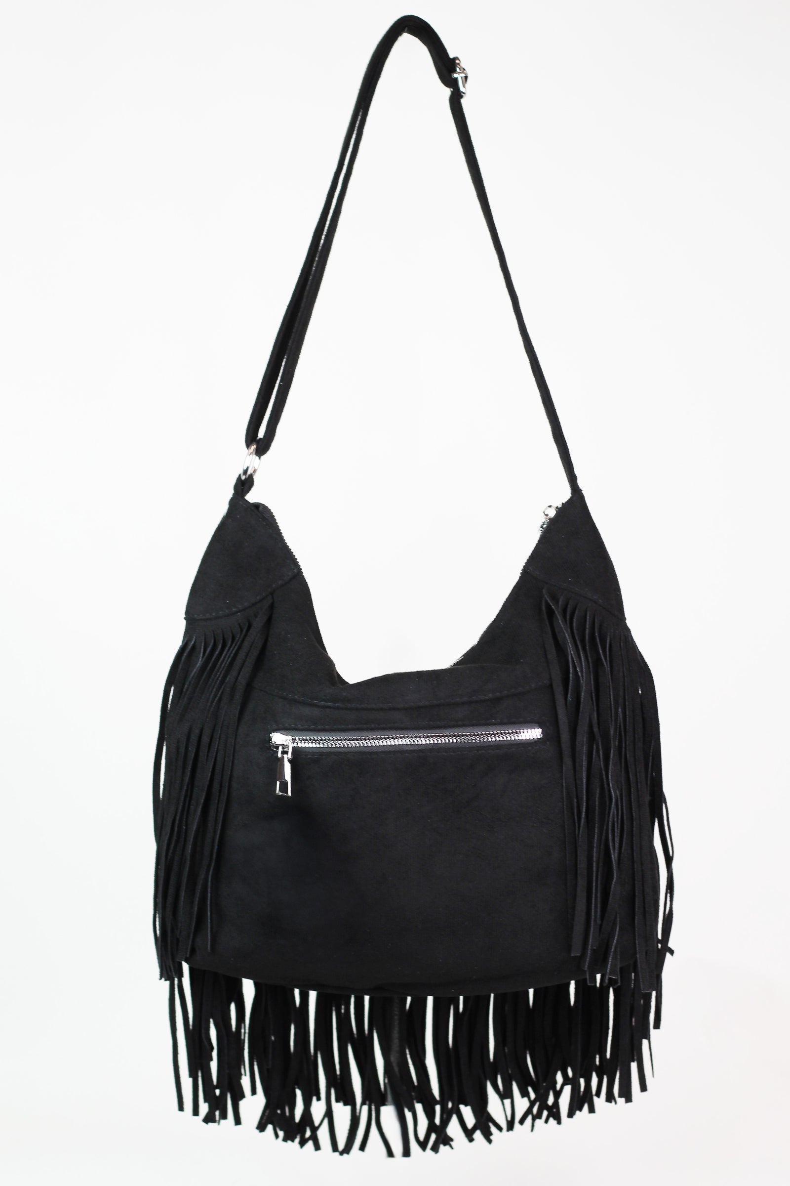 Faux Suede Fringe Covered Zip Top Purse