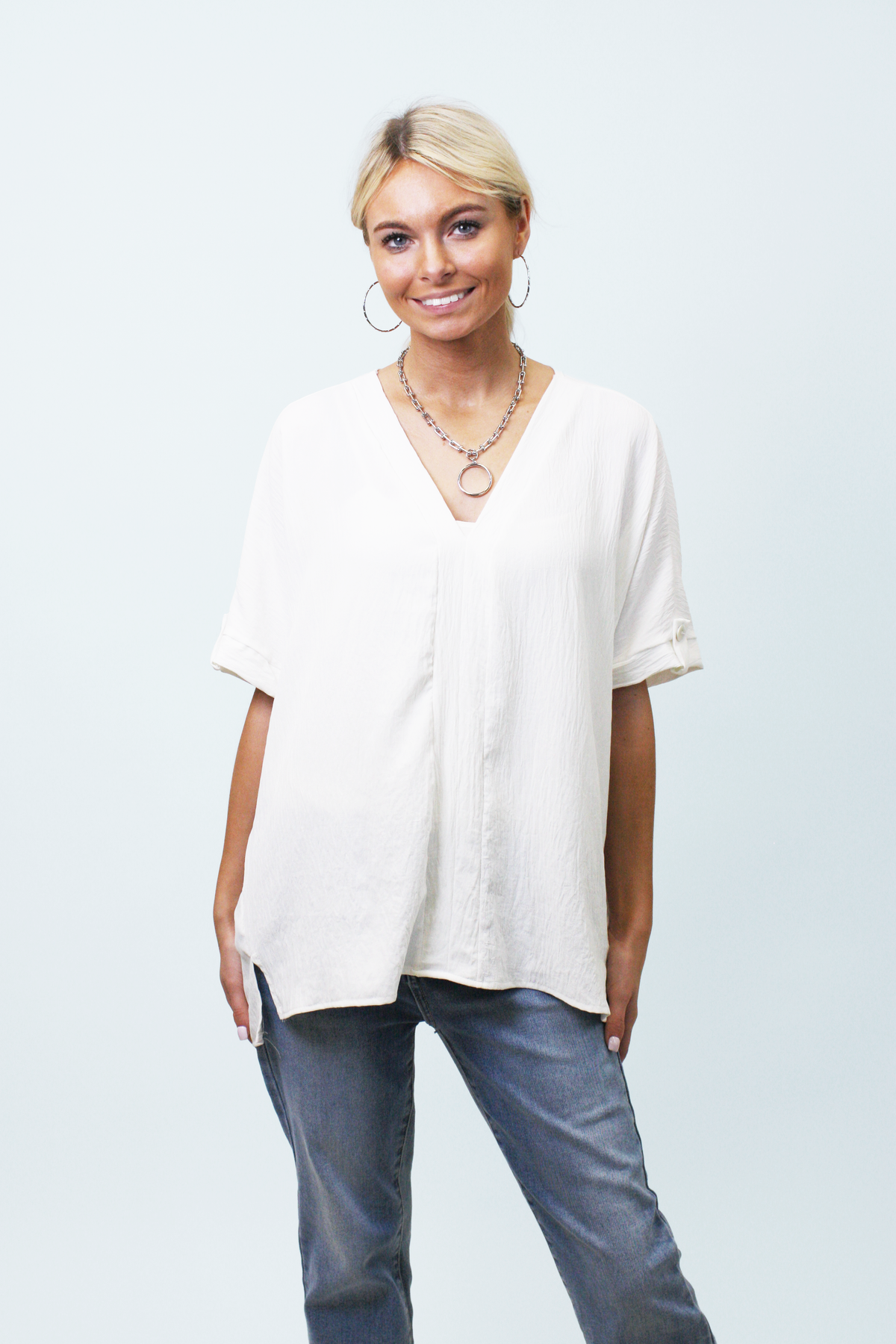 V-Neck Top w/ Rollup Short Sleeves