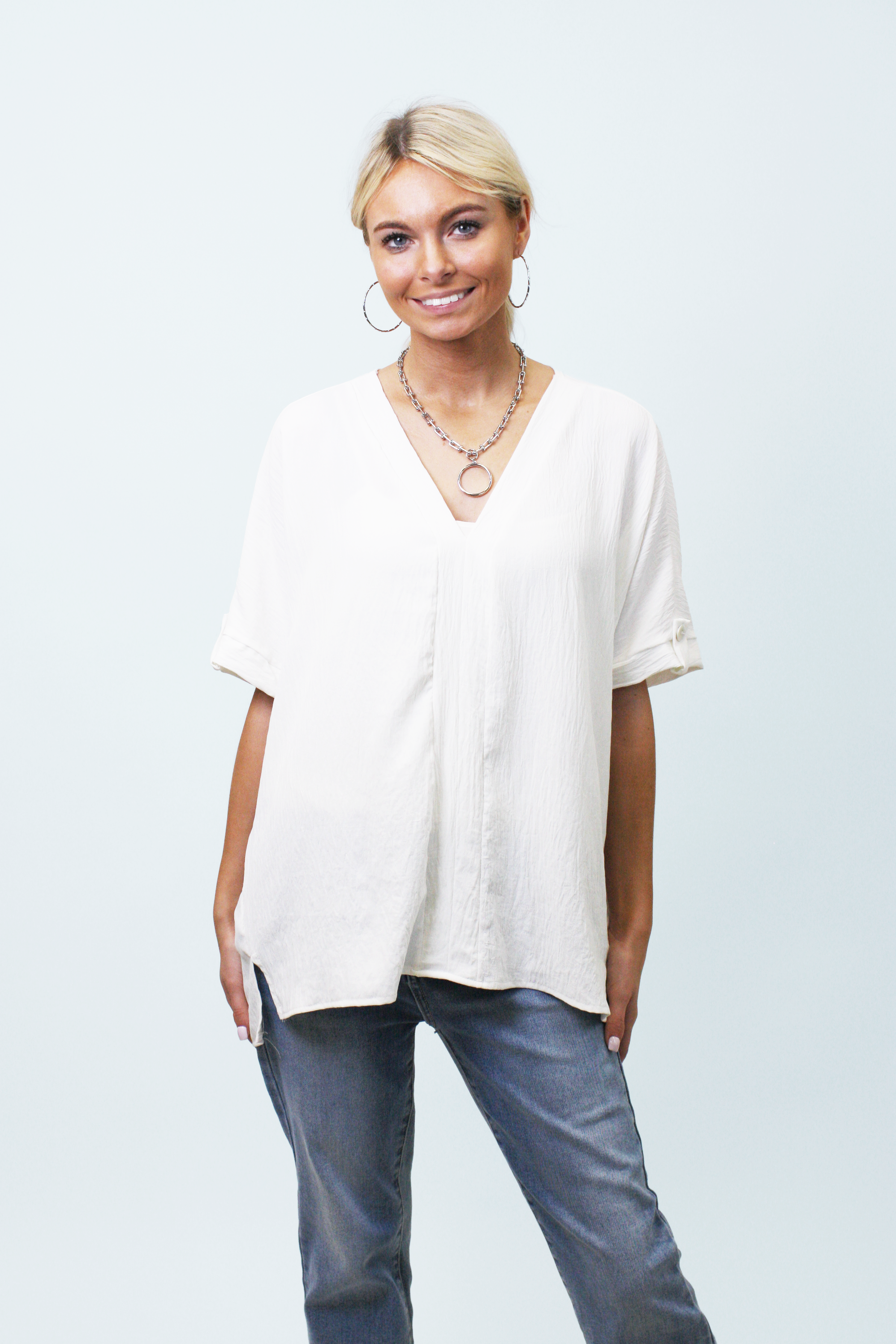 V-Neck Top w/ Rollup Short Sleeves