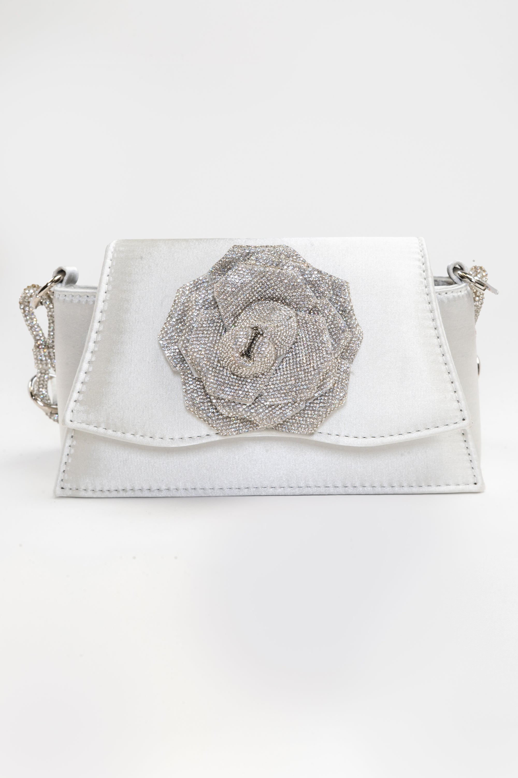 Satin Evening Bag w/ Rhinestone Flower & Handle