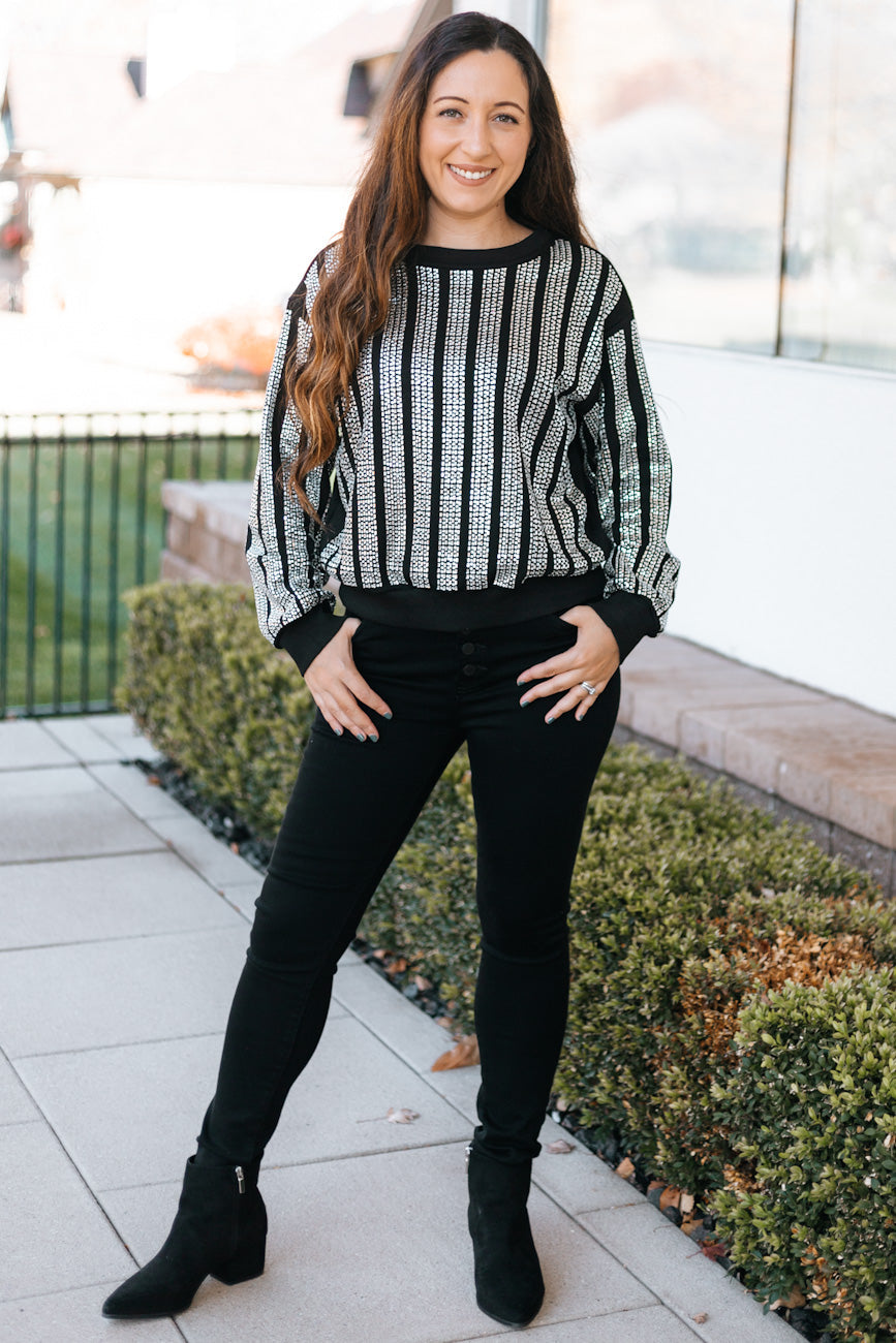 Rhinestone Stripe Round Neck Sweater