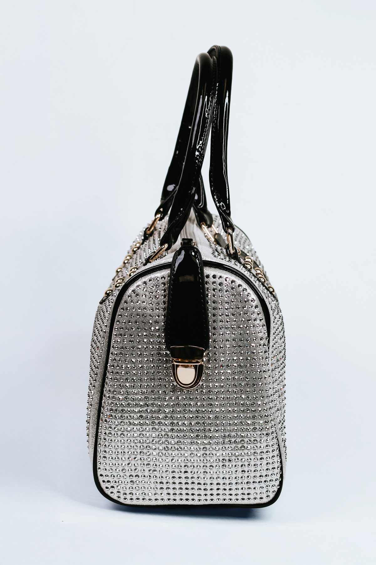 All Over Rhinestone Duffle Purse w/ Faux Patent Leather Accents