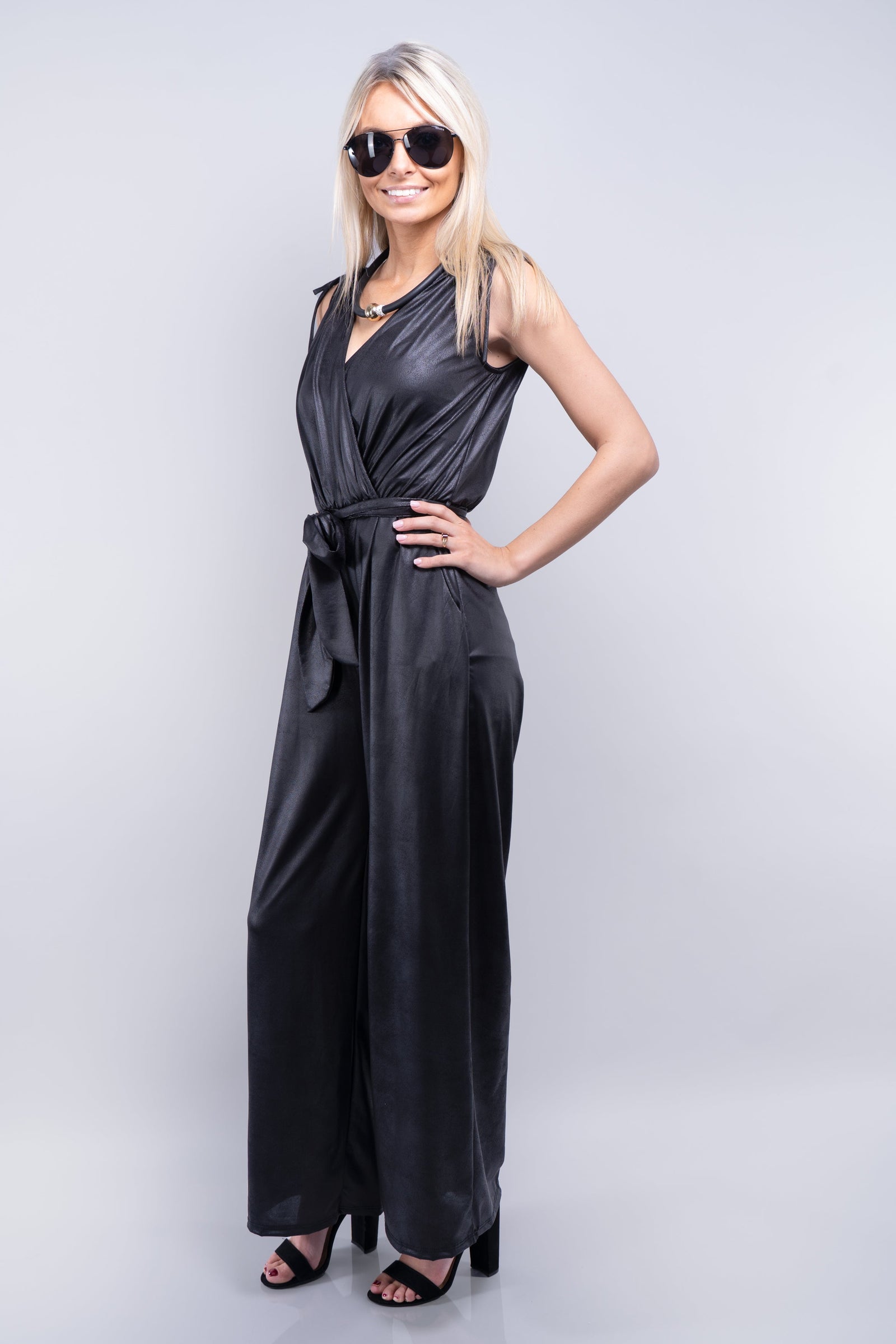 Stretchy Faux Leather Surplice Jumpsuit w/ Belt (SALE)