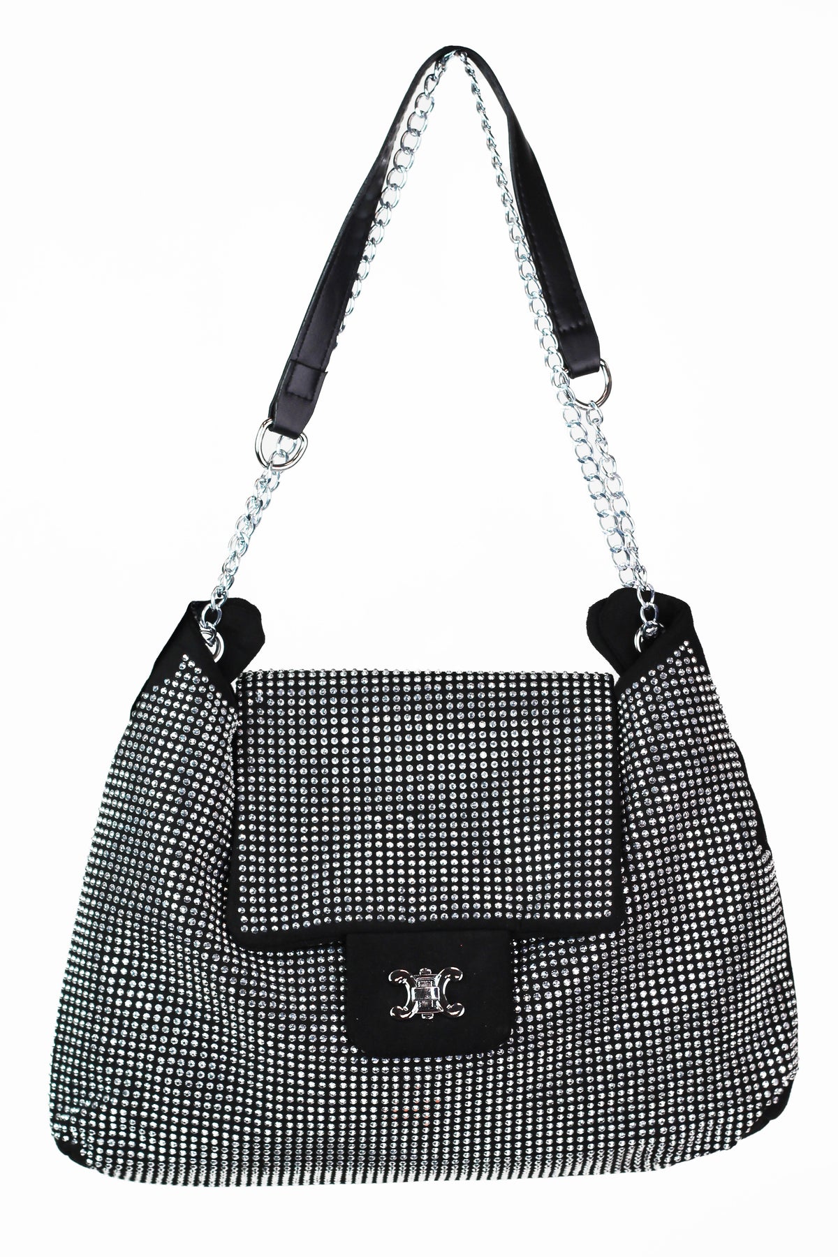 All Rhinestone Front Purse w/ Flap Closure &amp; Chain Strap