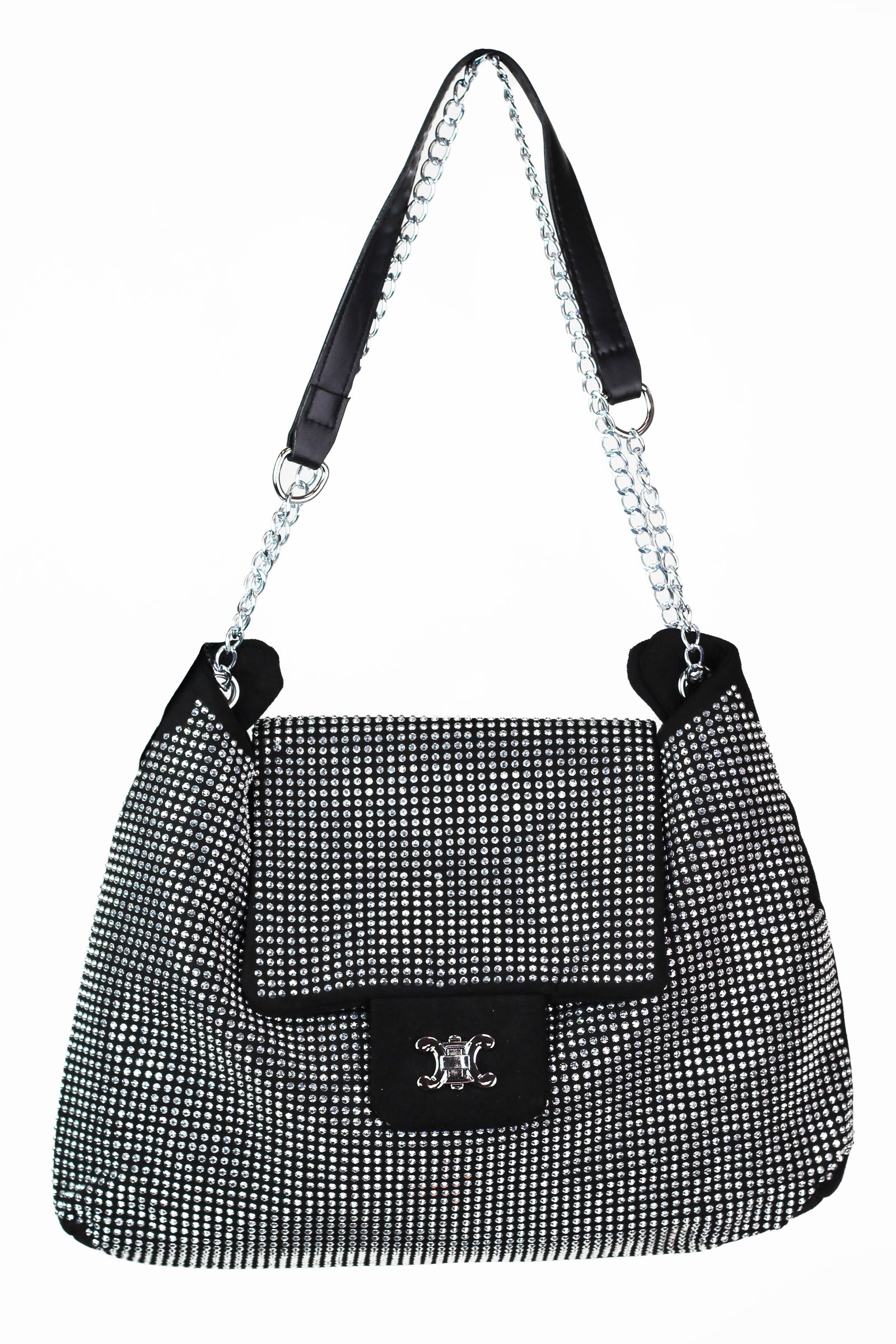 All Rhinestone Front Purse w/ Flap Closure & Chain Strap