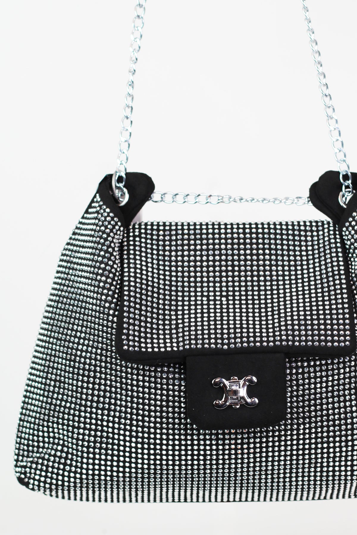 All Rhinestone Front Purse w/ Flap Closure & Chain Strap