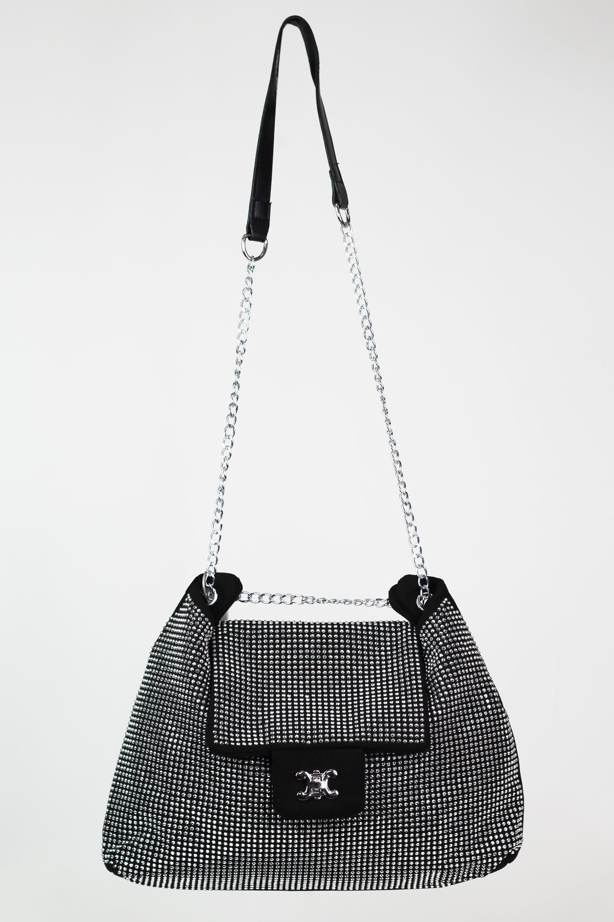 All Rhinestone Front Purse w/ Flap Closure & Chain Strap
