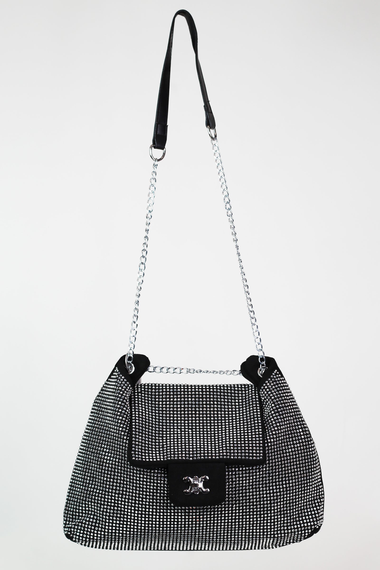 All Rhinestone Front Purse w/ Flap Closure & Chain Strap