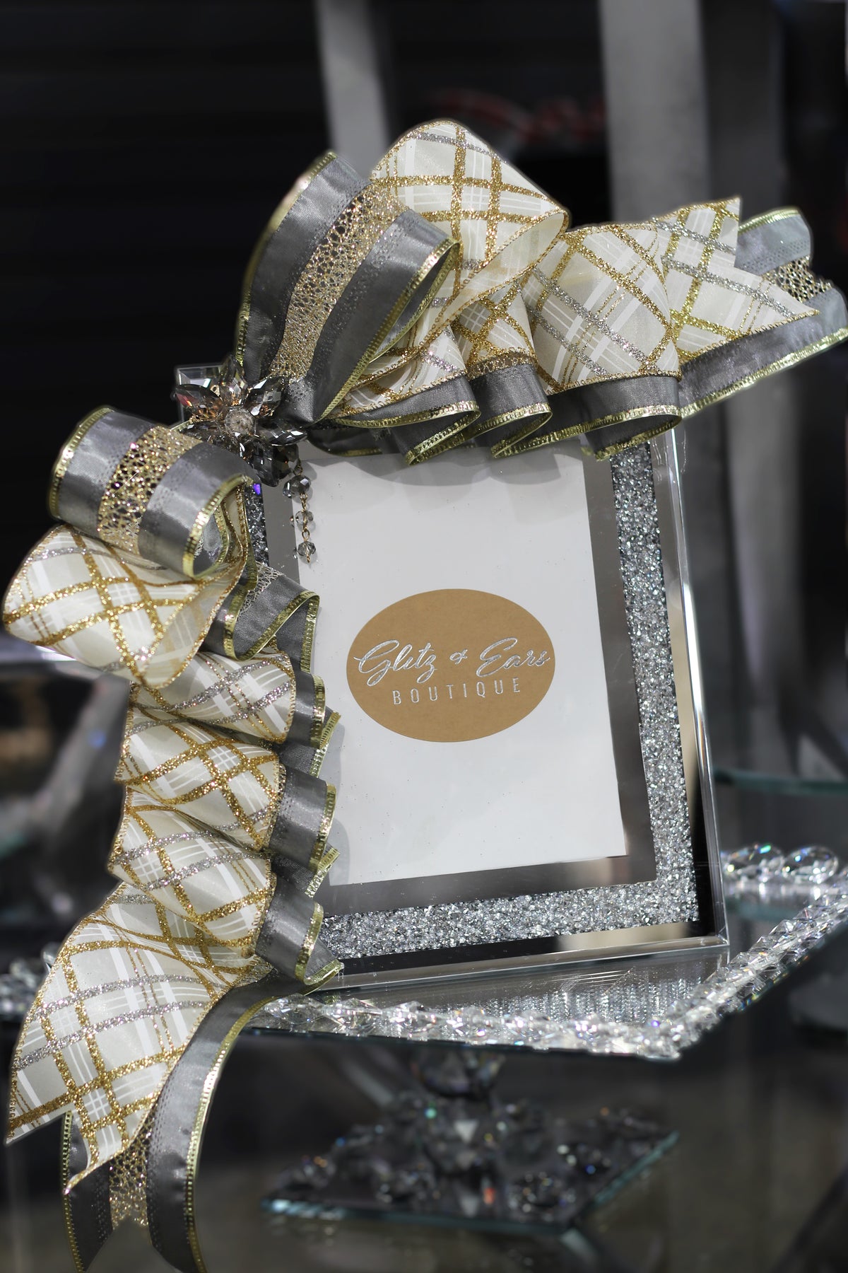 Stone Mirror Picture Frame w/ Ribbon Accents