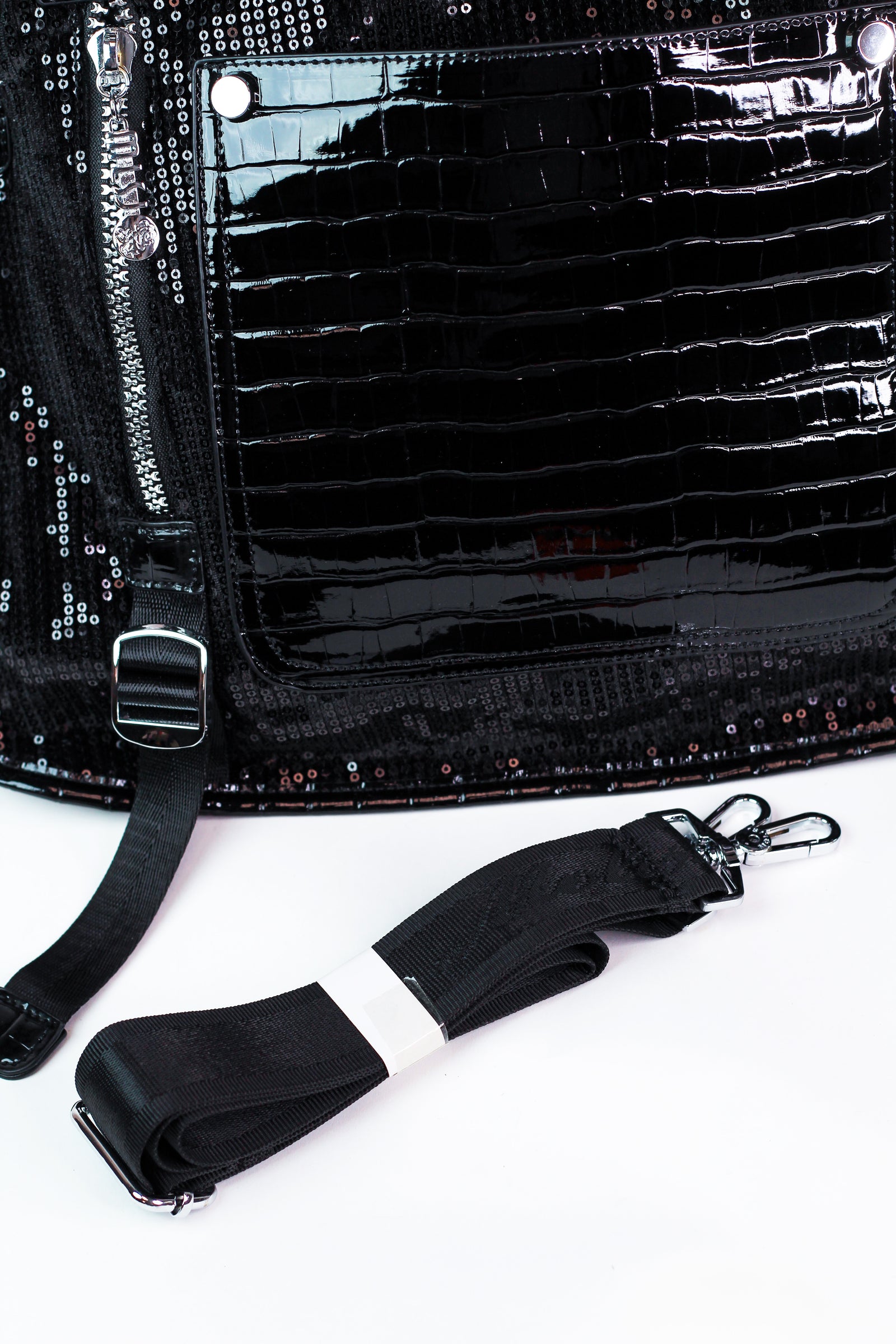 Sequin & Faux Reptile Purse w/ Front Pocket Zippers & Straps