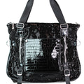 Sequin & Faux Reptile Purse w/ Front Pocket Zippers & Straps