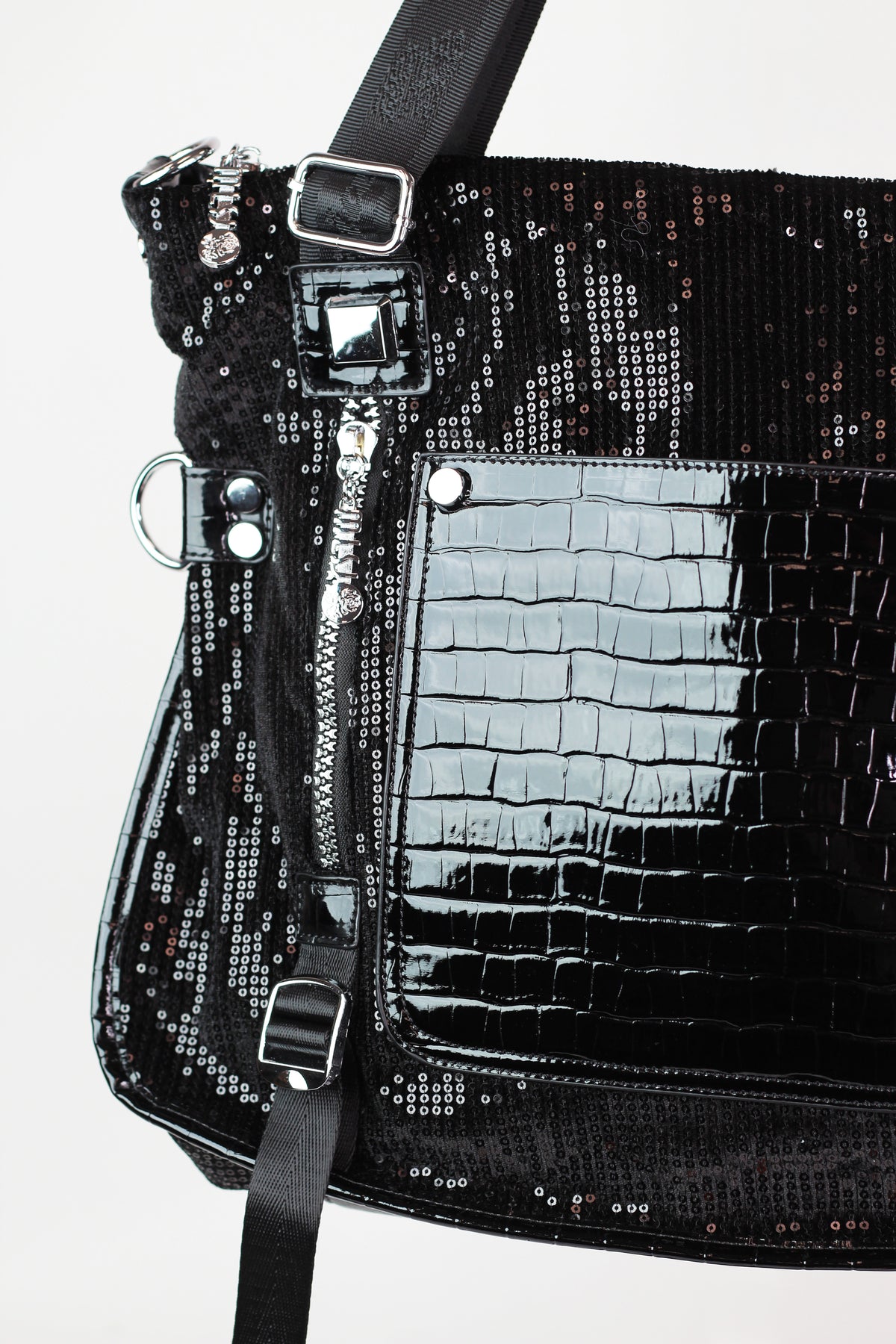 Sequin & Faux Reptile Purse w/ Front Pocket Zippers & Straps