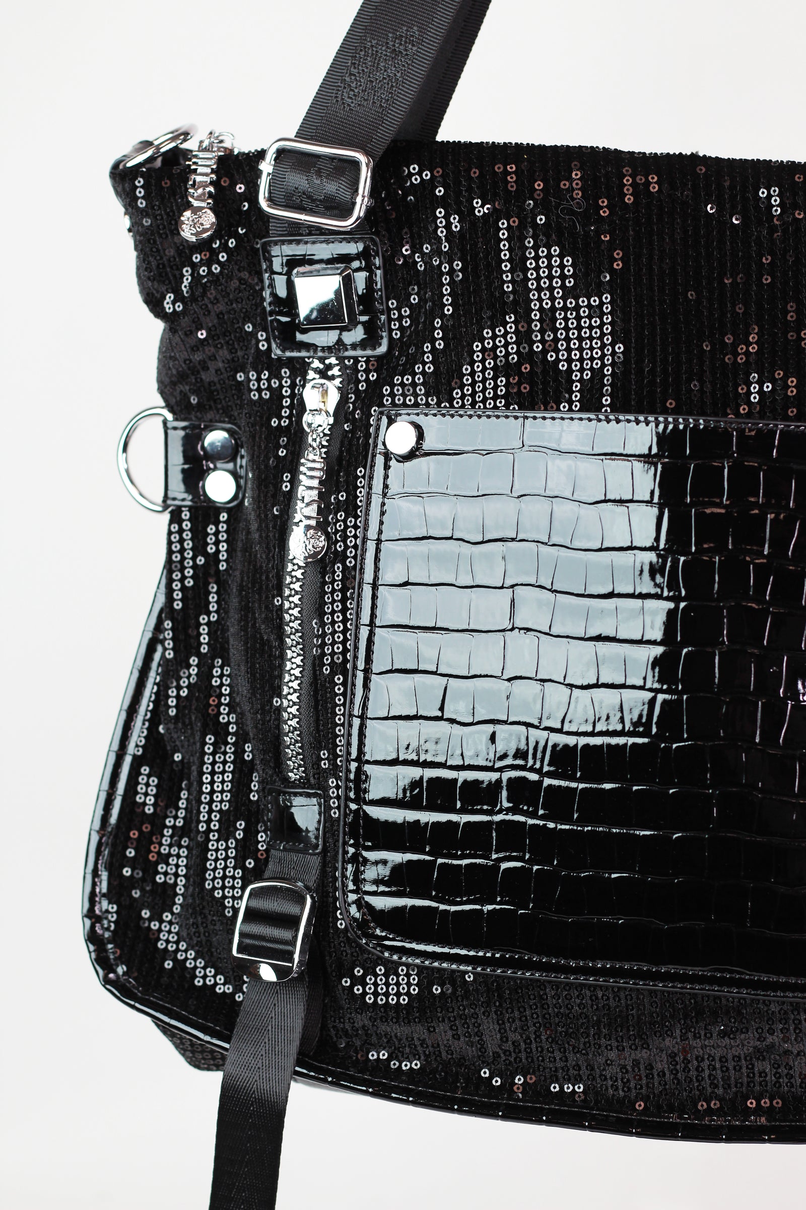 Sequin & Faux Reptile Purse w/ Front Pocket Zippers & Straps