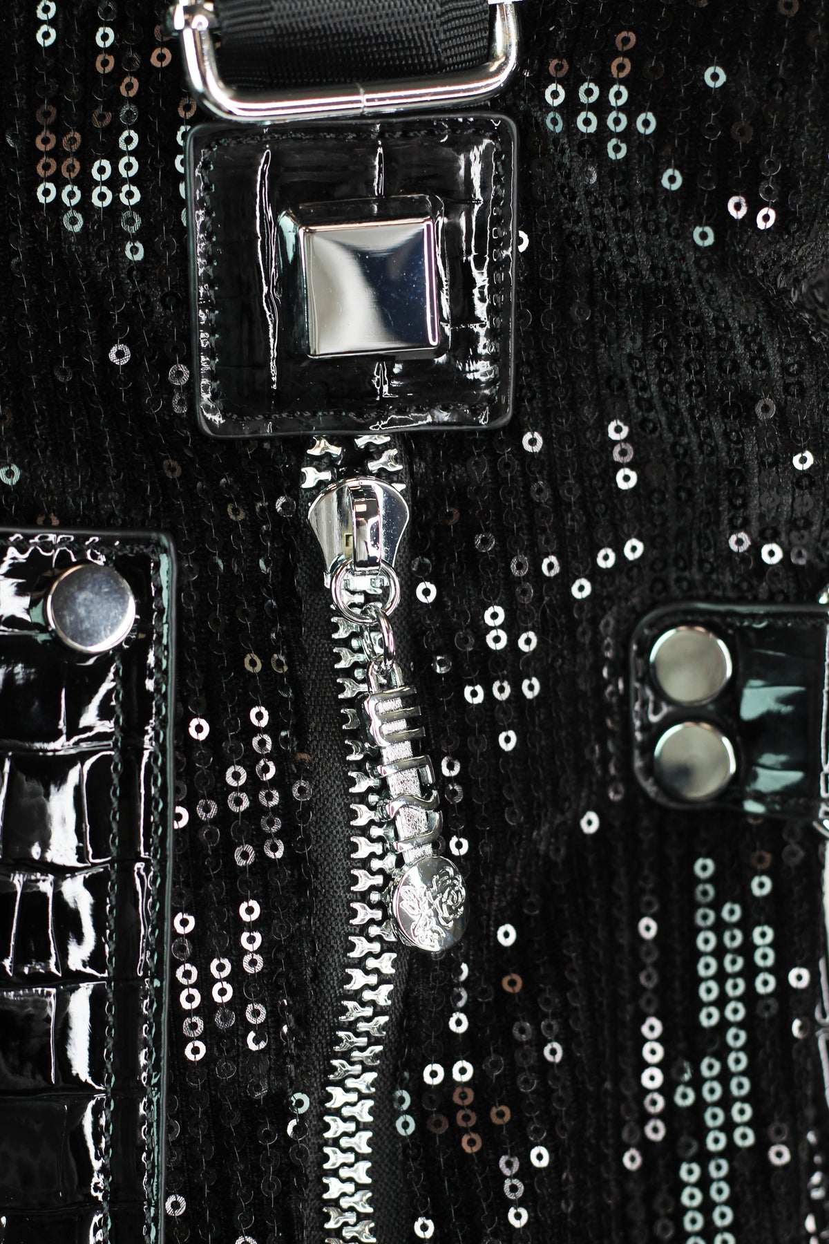 Sequin & Faux Reptile Purse w/ Front Pocket Zippers & Straps