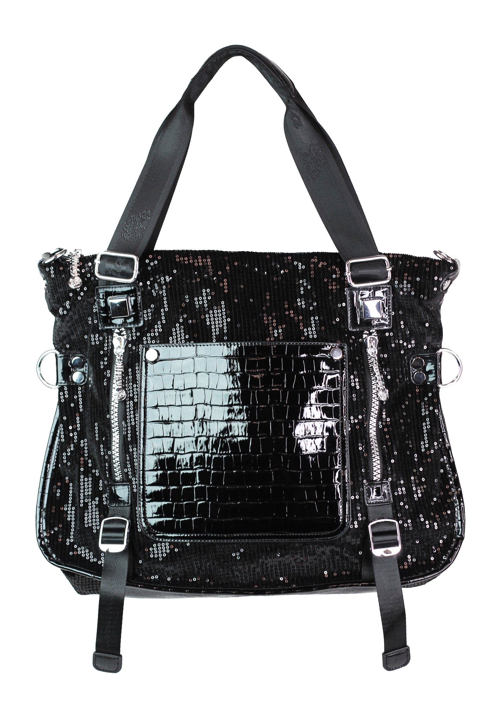 Sequin & Faux Reptile Purse w/ Front Pocket Zippers & Straps