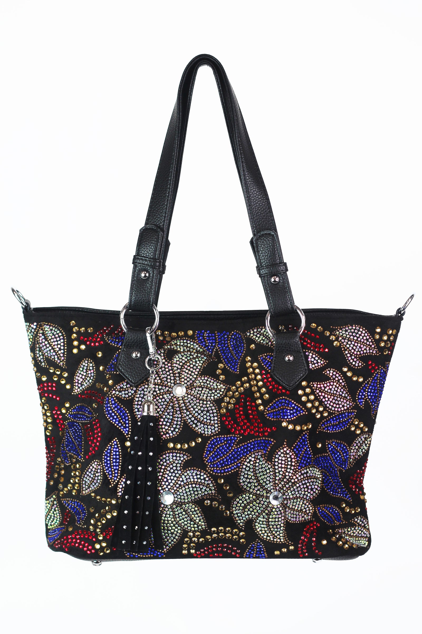 Rhinestone Front Flower & Floral Accent Studded Tassel Double Handle Handbag