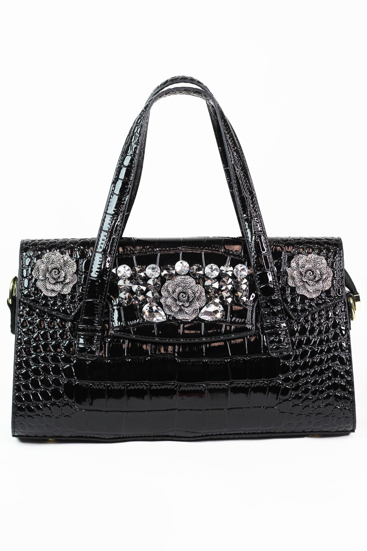 Faux Reptile Envelope Handbag w/ Rhinestone Floral Trim