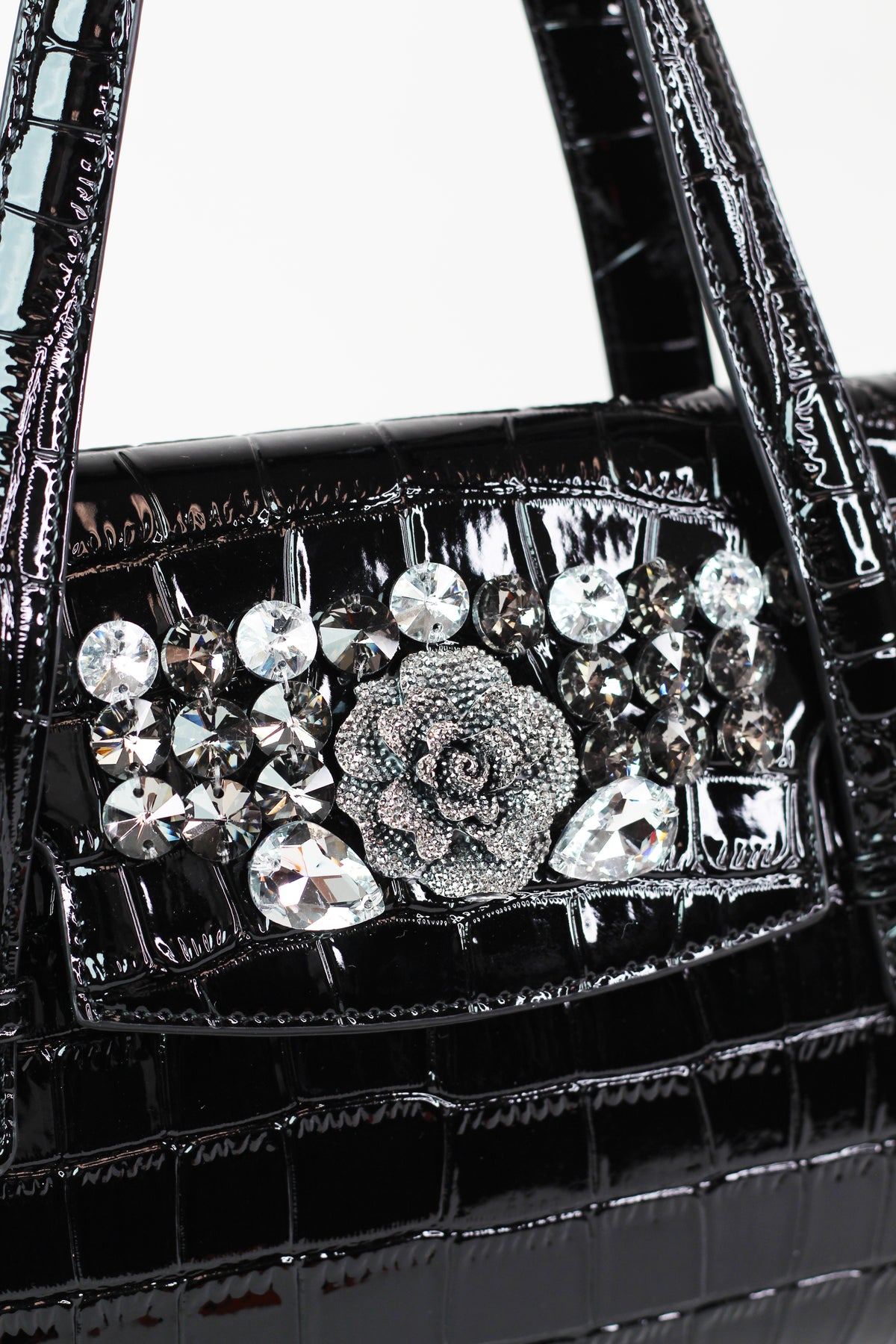 Faux Reptile Envelope Handbag w/ Rhinestone Floral Trim