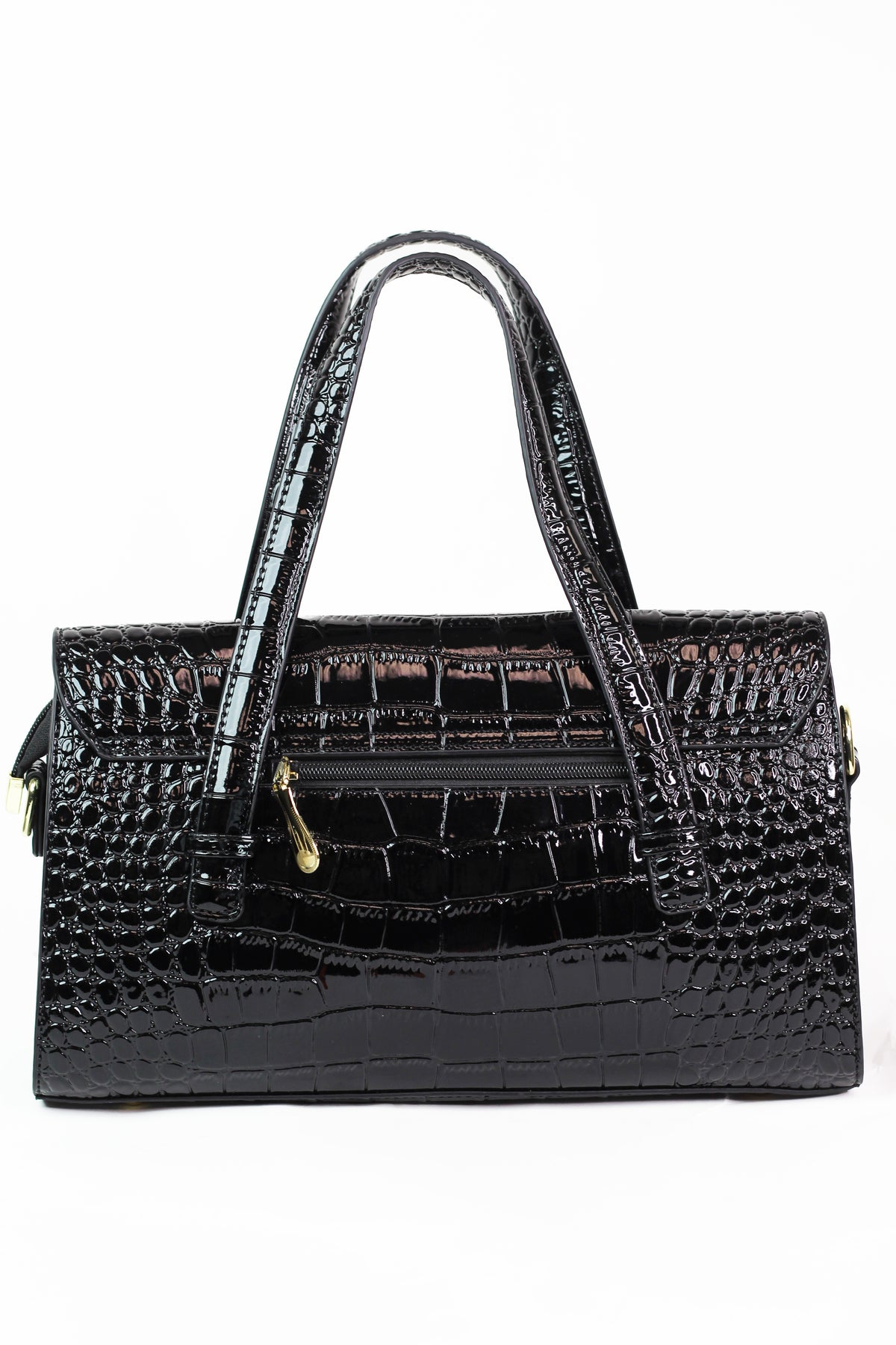 Faux Reptile Envelope Handbag w/ Rhinestone Floral Trim