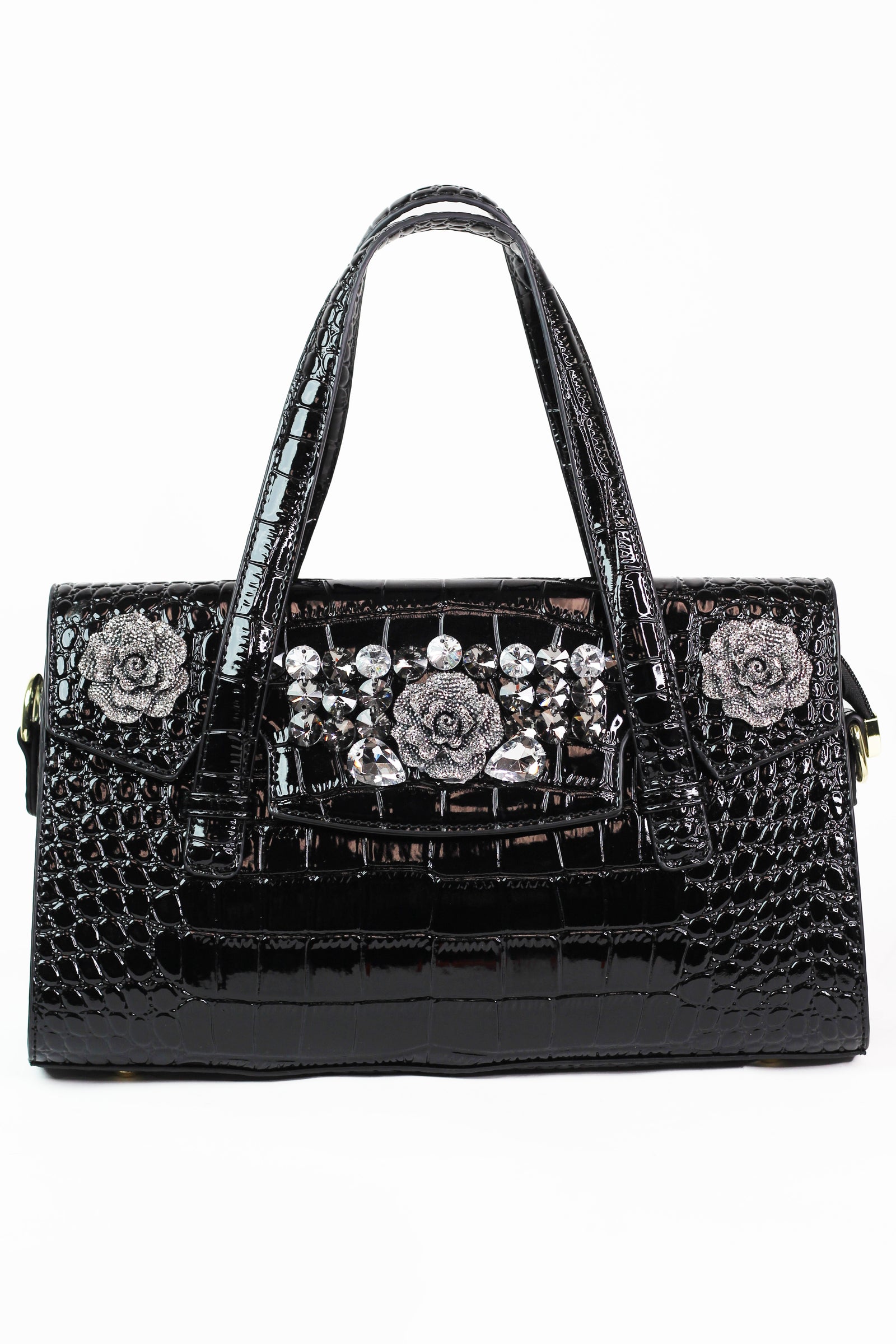Faux Reptile Envelope Handbag w/ Rhinestone Floral Trim