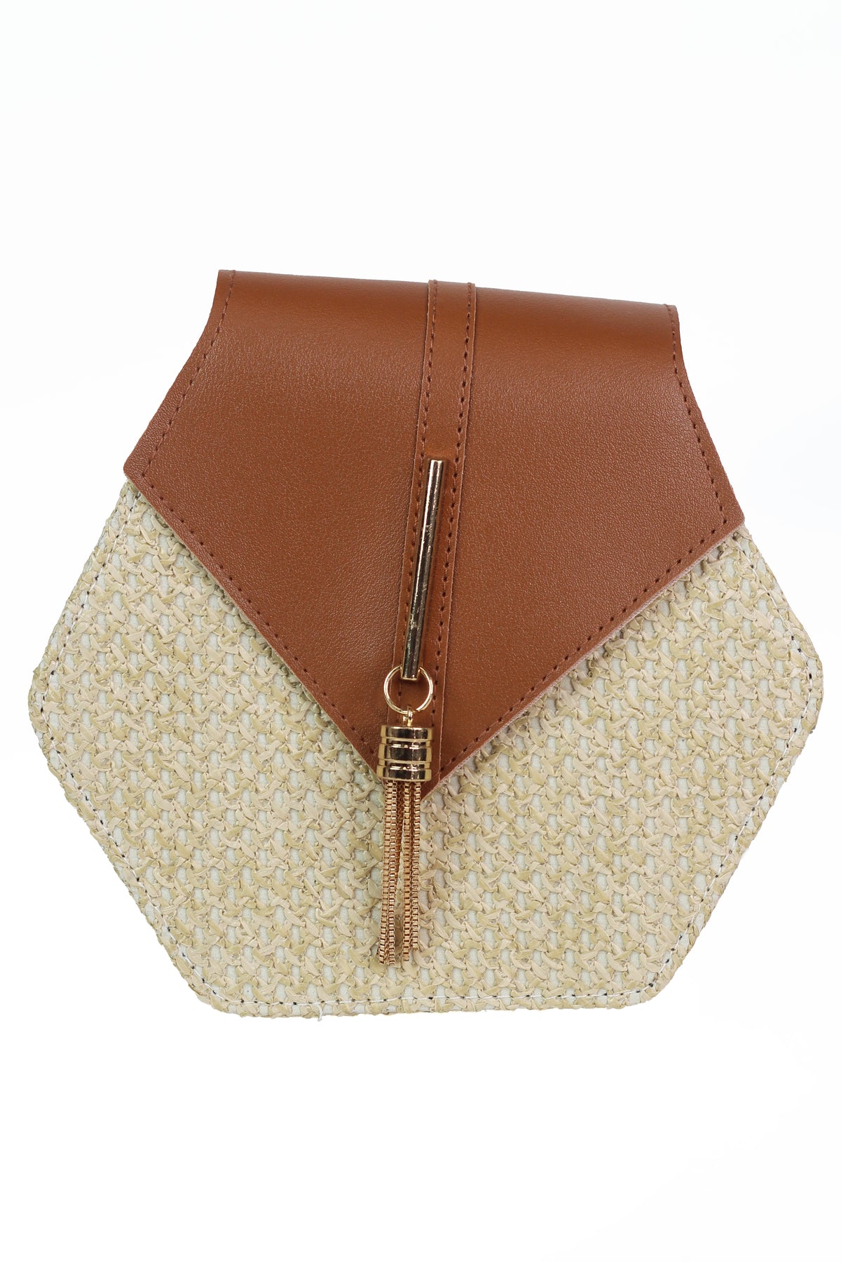 Cross Body Hexagon Straw Front Flap Tassel Handbag