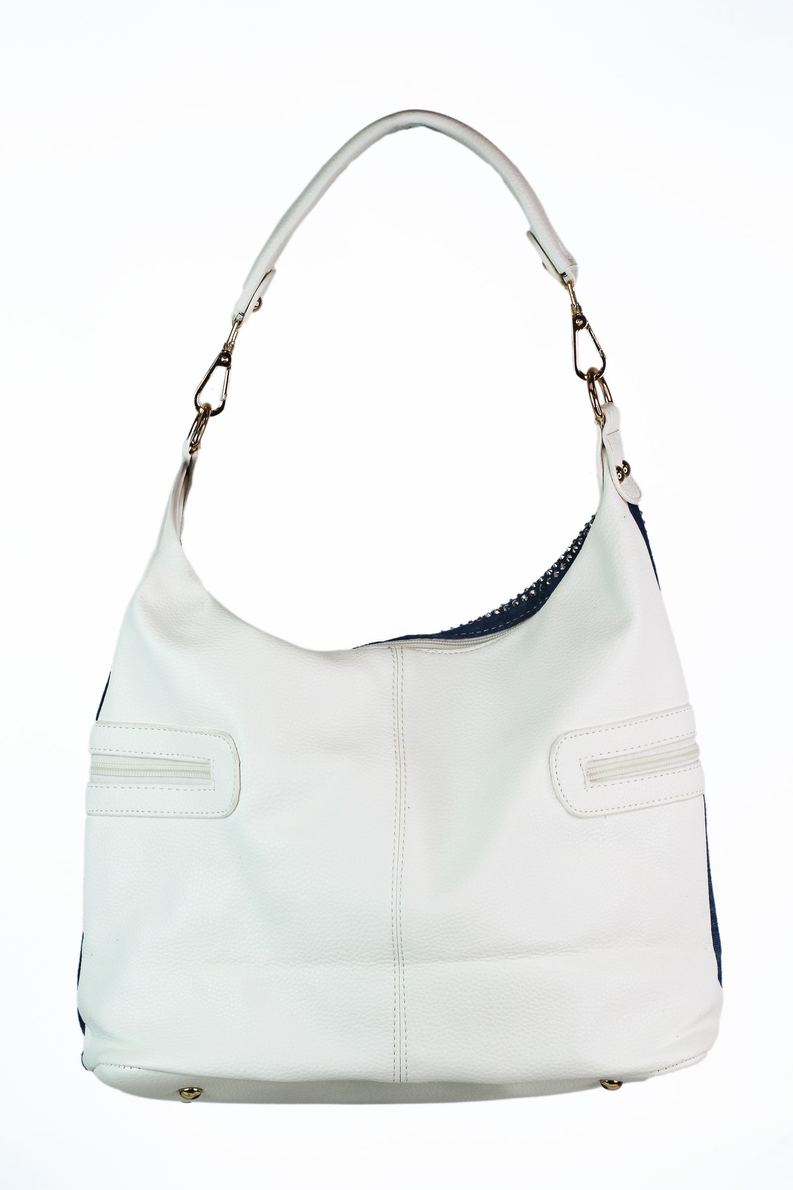 Rhinestone Front Curved Top Purse w/ Metallic Trim Side Zip Pockets