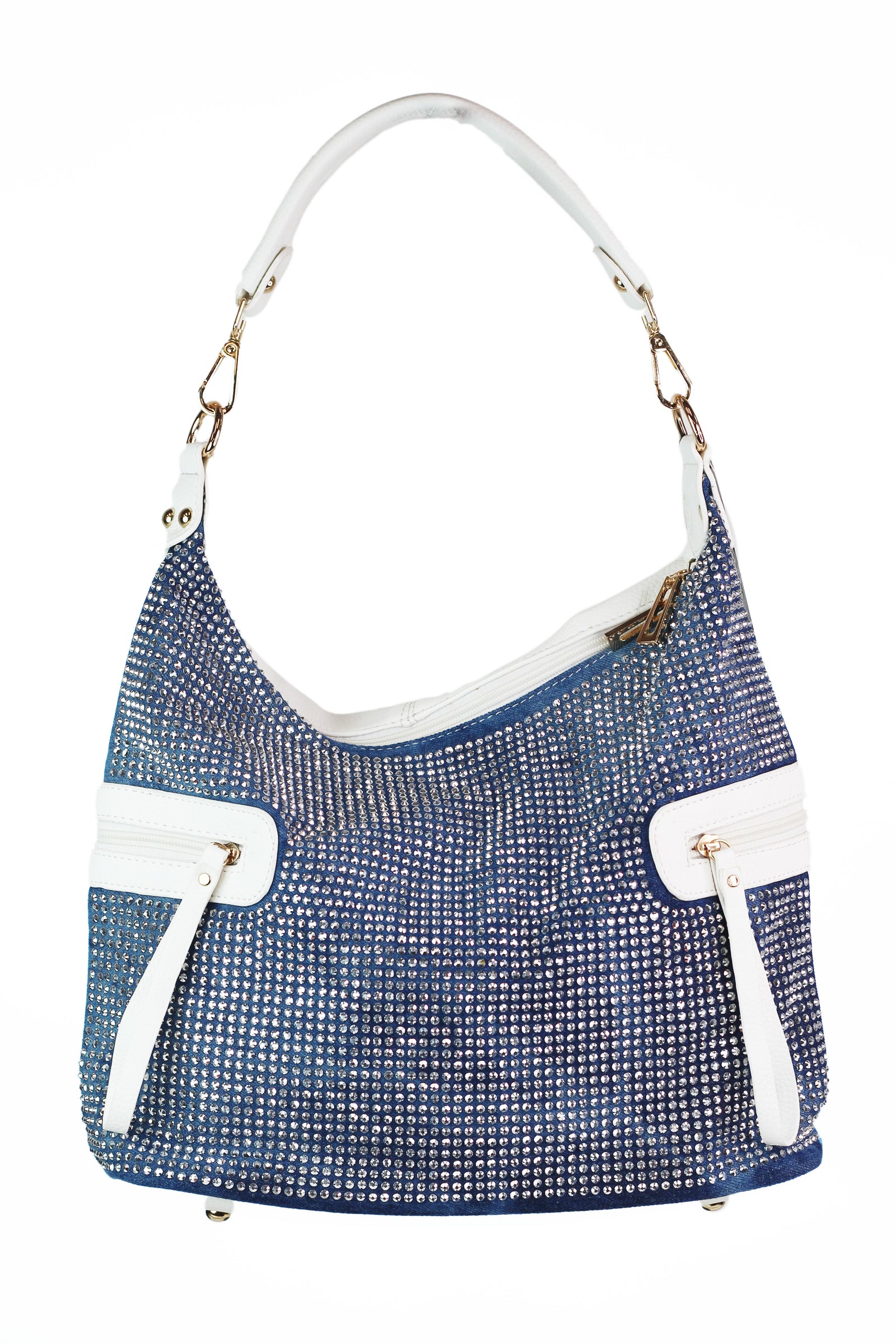 Rhinestone Front Curved Top Purse w/ Metallic Trim Side Zip Pockets