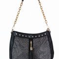 Large Rhinestone Trim Top Studded front Center Zip Pocket w/ Tassel Handbag