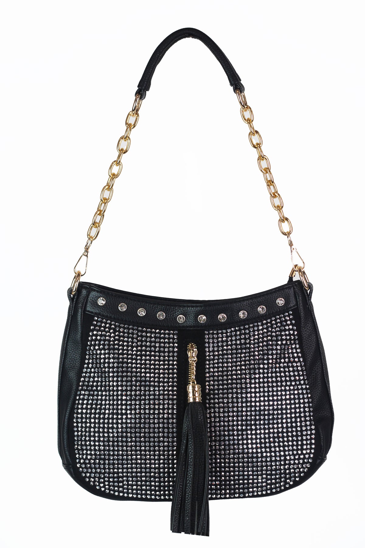 Large Rhinestone Trim Top Studded front Center Zip Pocket w/ Tassel Handbag