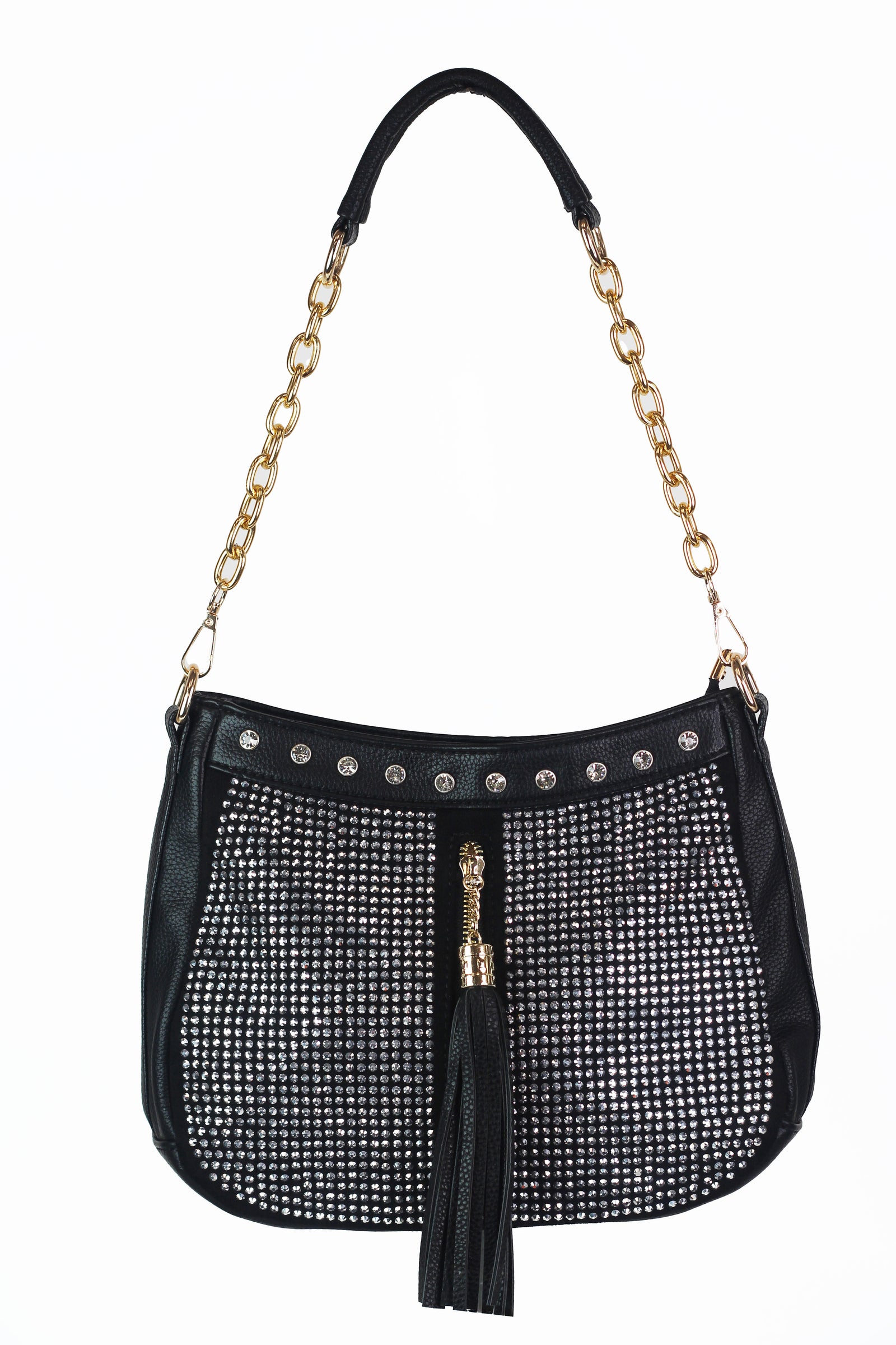 Large Rhinestone Trim Top Studded front Center Zip Pocket w/ Tassel Handbag