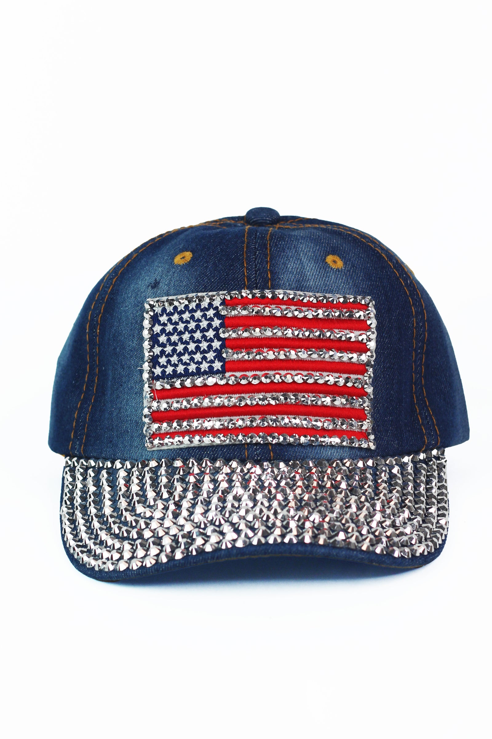 Denim Cap w/ Rhinestone Accented USA Flag & Brim