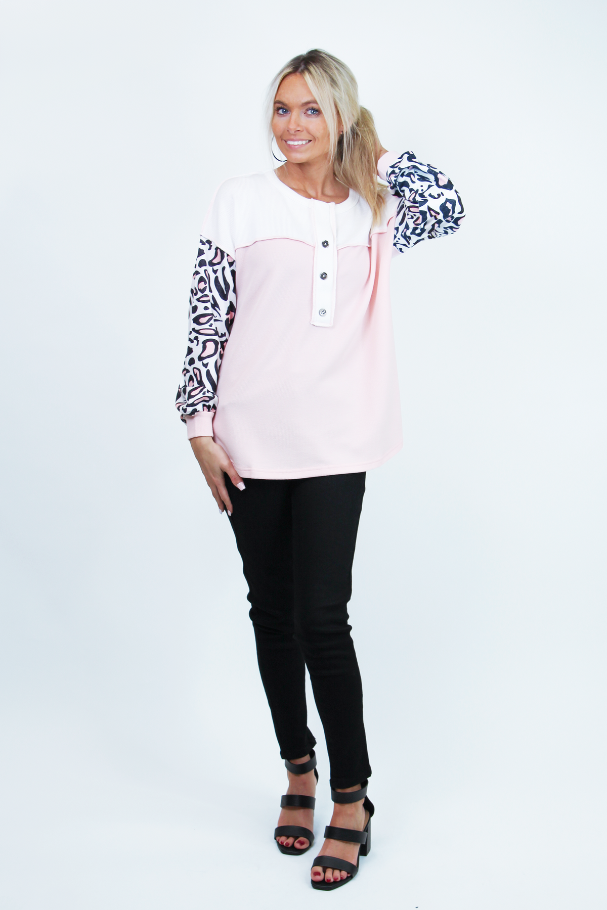 Color Block Top With Leopard Sleeves