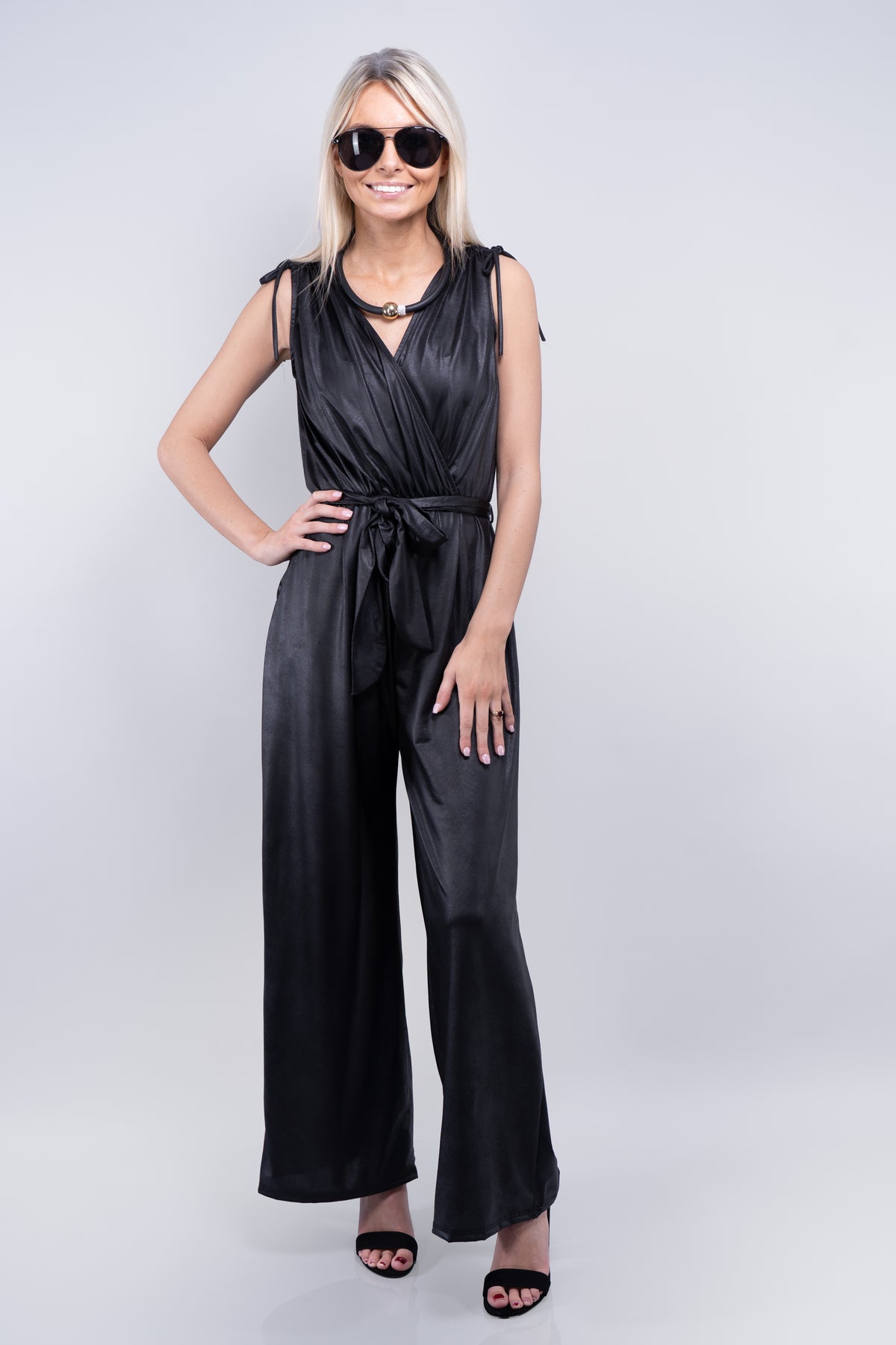 Stretchy Faux Leather Surplice Jumpsuit w/ Belt