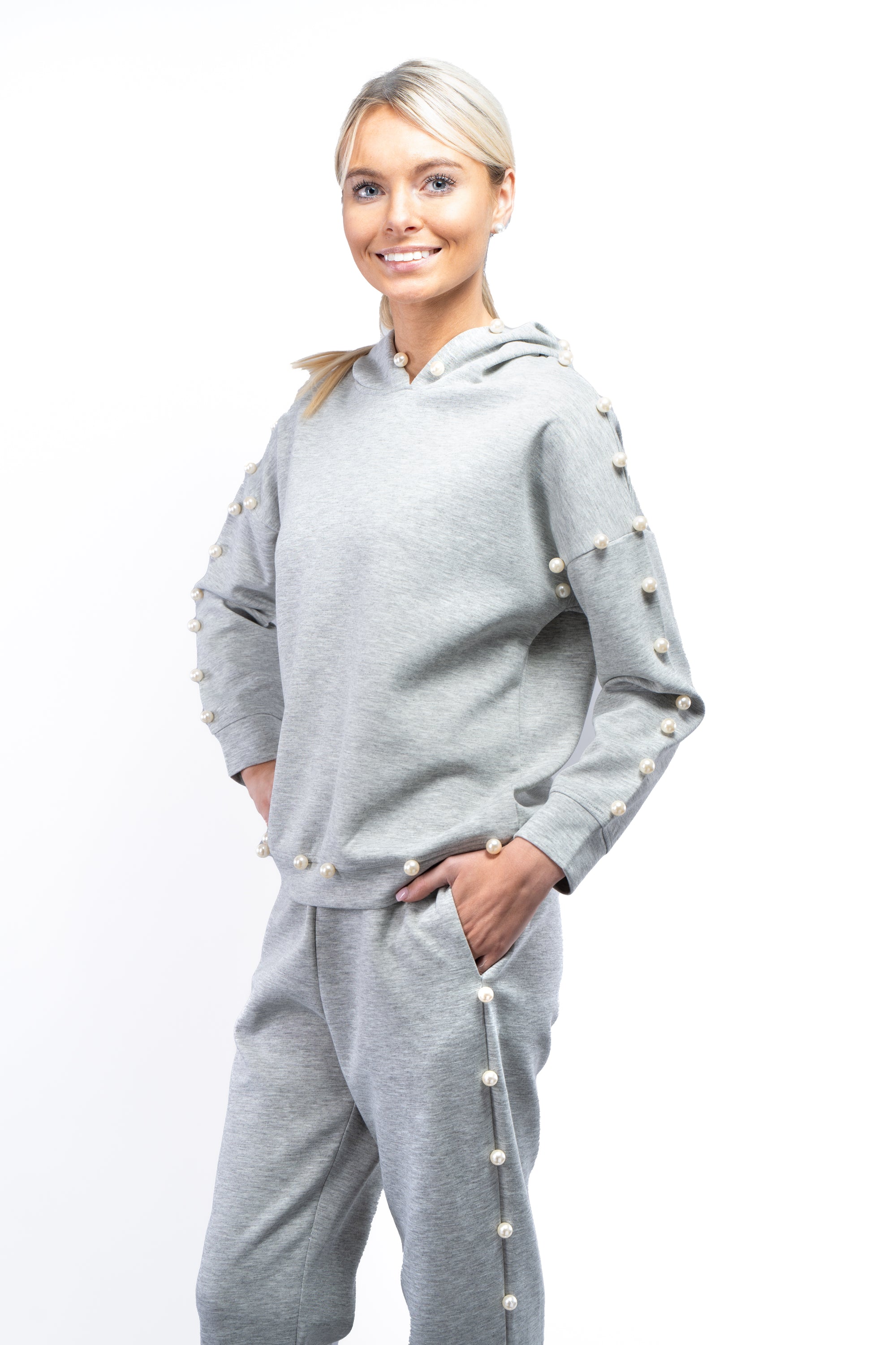 Long Sleeved Hoodie & Joggers w/ Pearl Embellishment