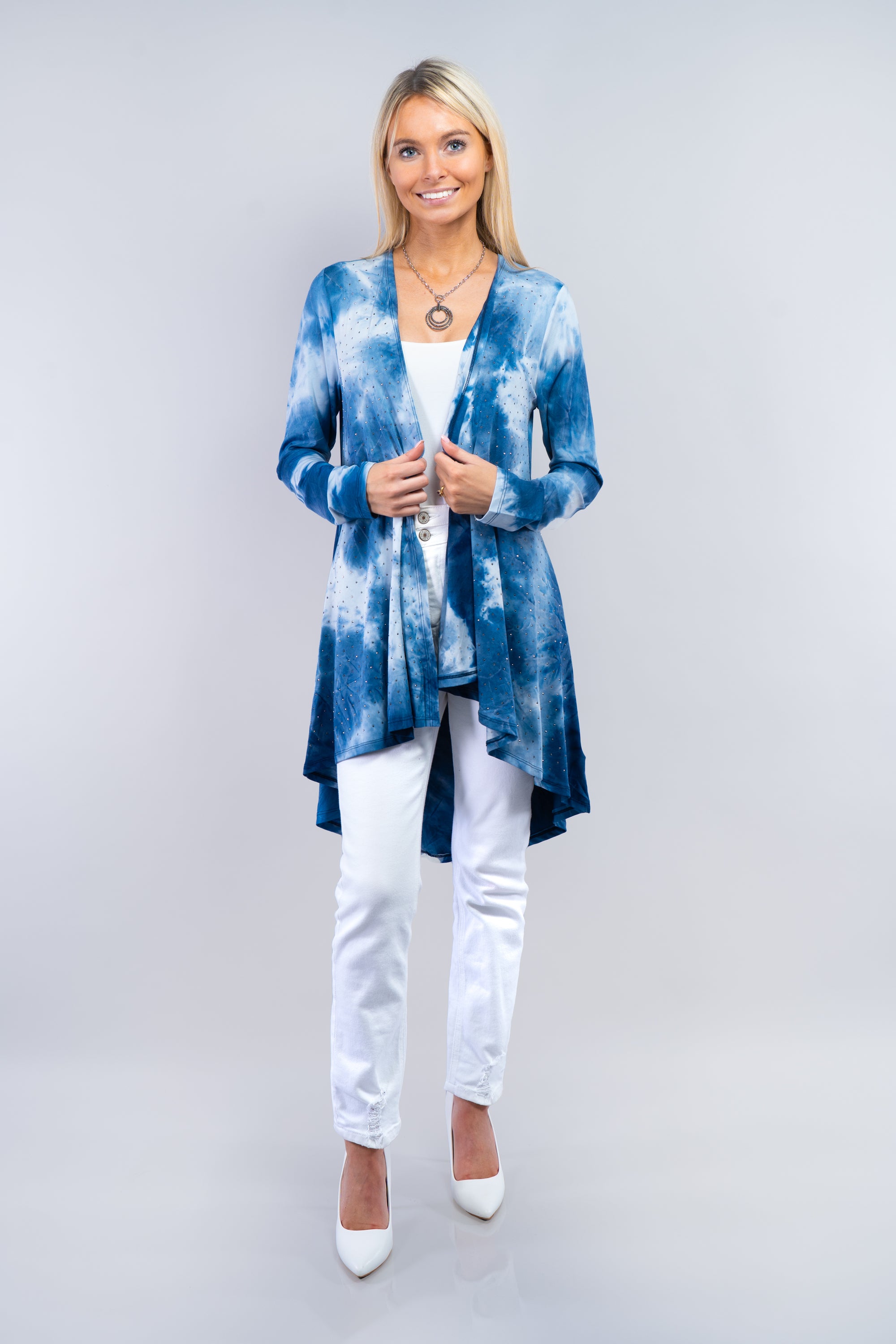 Cascade Front Tie Dyed Cardigan w/ Rhinestone Embellishment