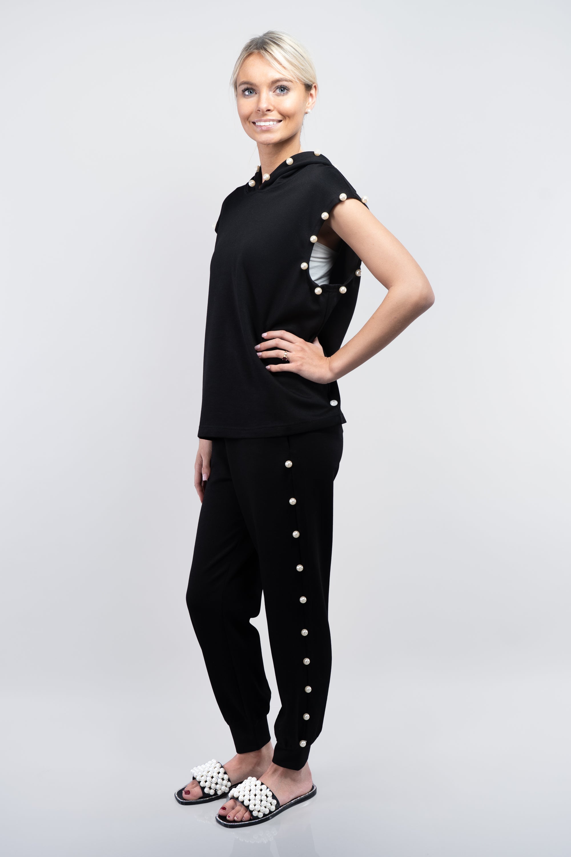 Sleeveless Hoodie & Joggers w/ Pearl Embellishment