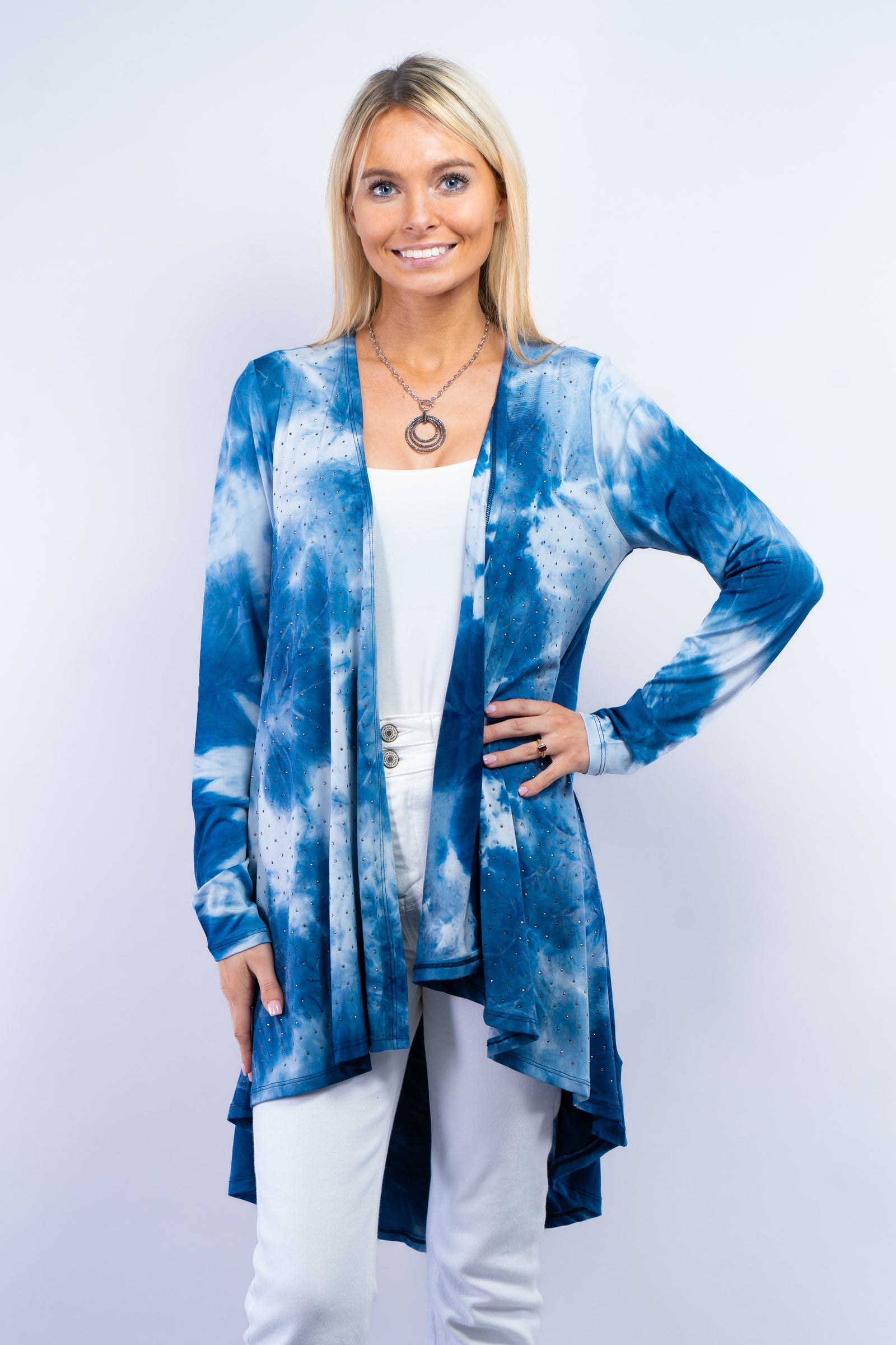 Cascade Front Tie Dyed Cardigan w/ Rhinestone Embellishment