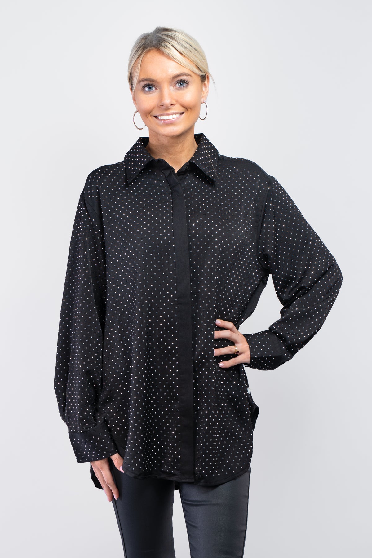 All Over Rhinestone Collared Button Up Top