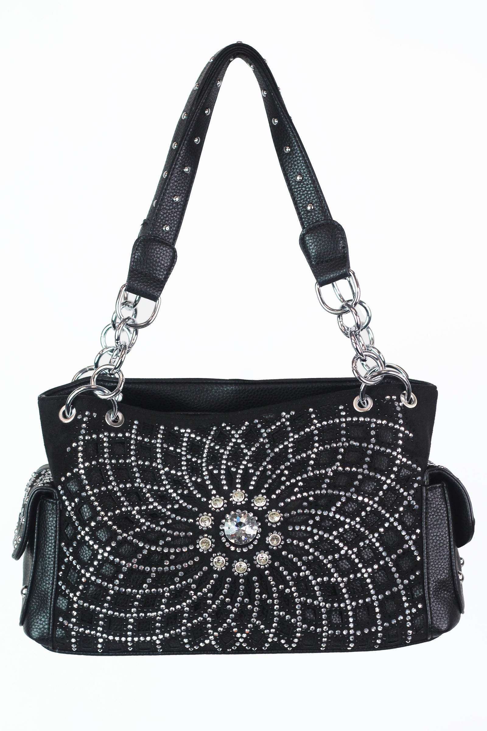 Rhinestone Flower Front & Sides Double Side Pouches Double Studded Handle Handbag