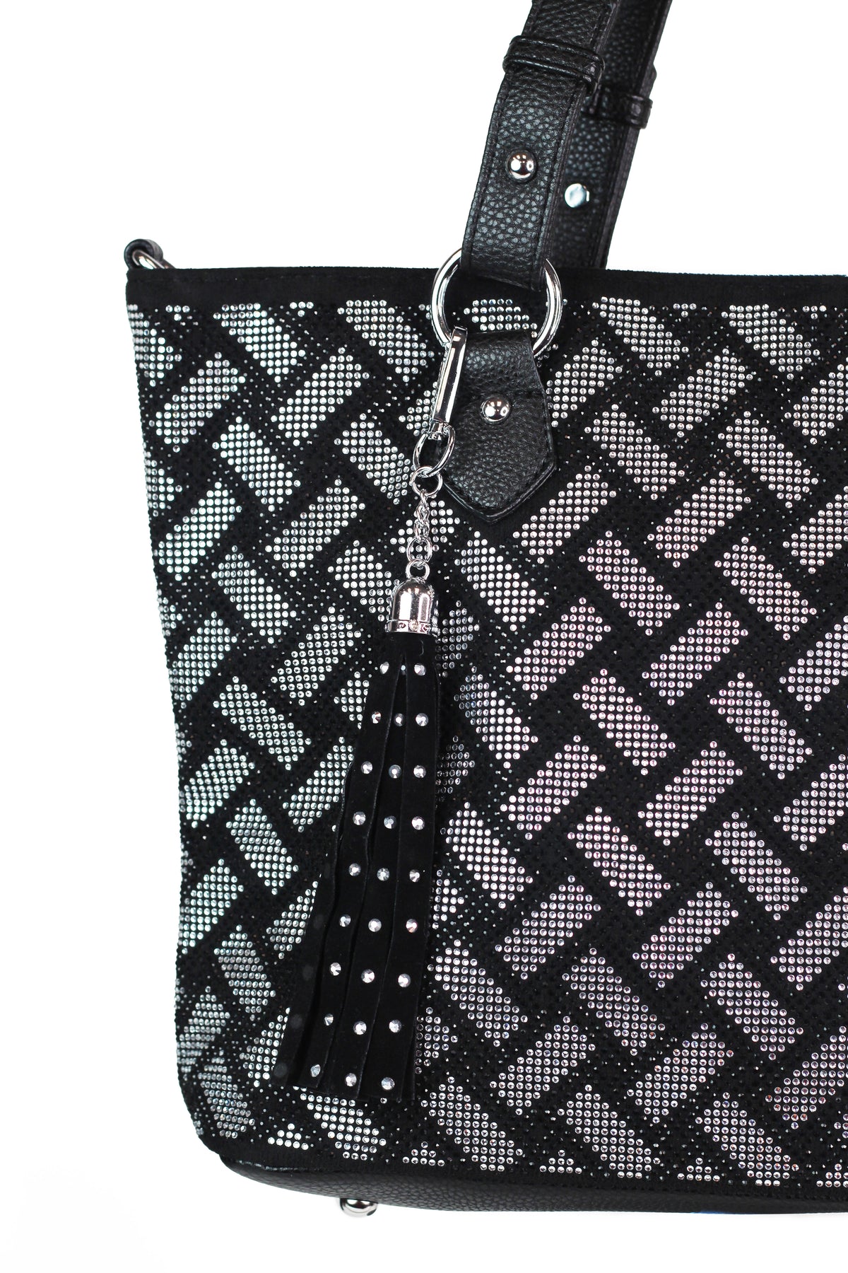 Woven Look Rhinestone Design Handbag w/ Tassel