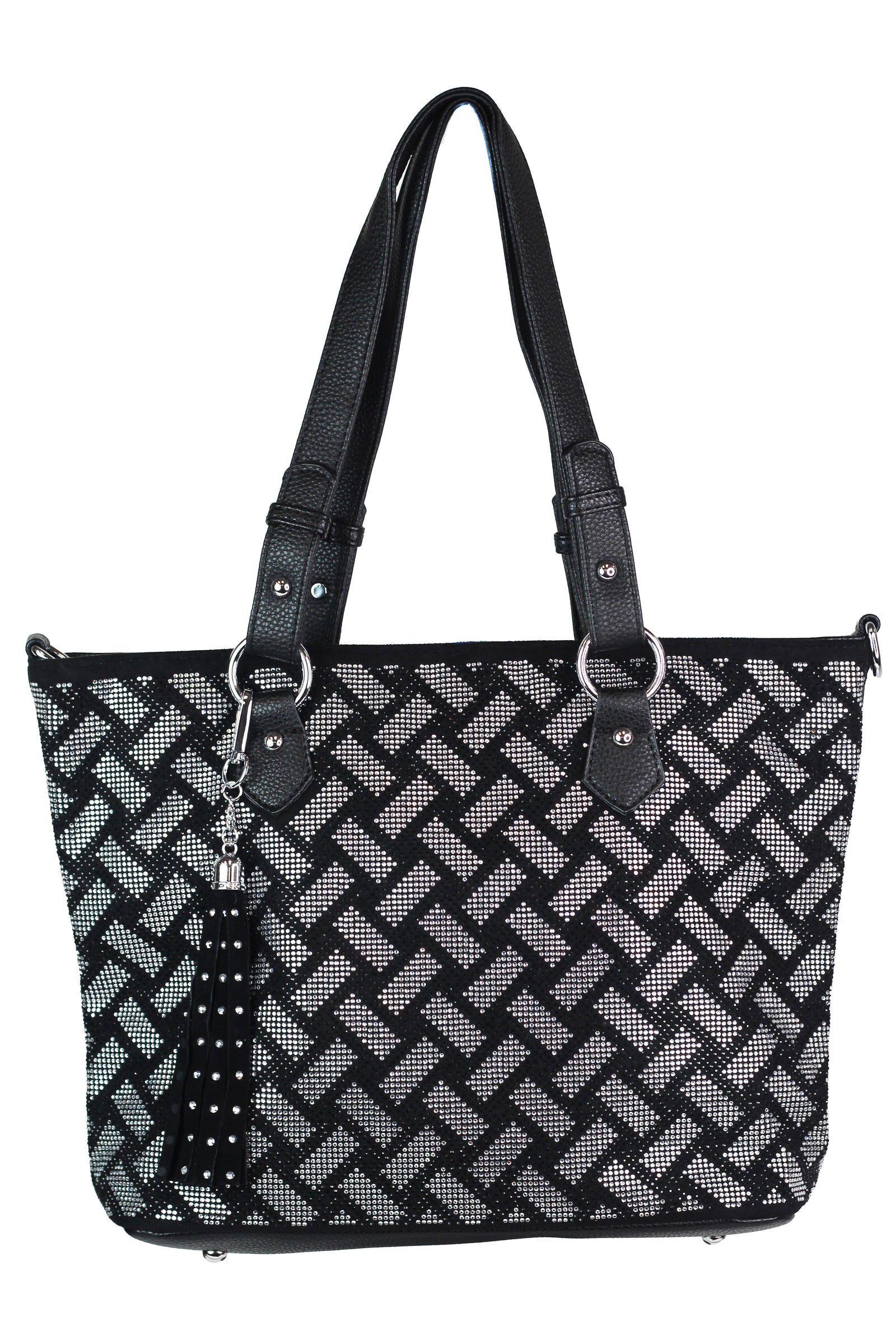 Woven Look Rhinestone Design Handbag w/ Tassel